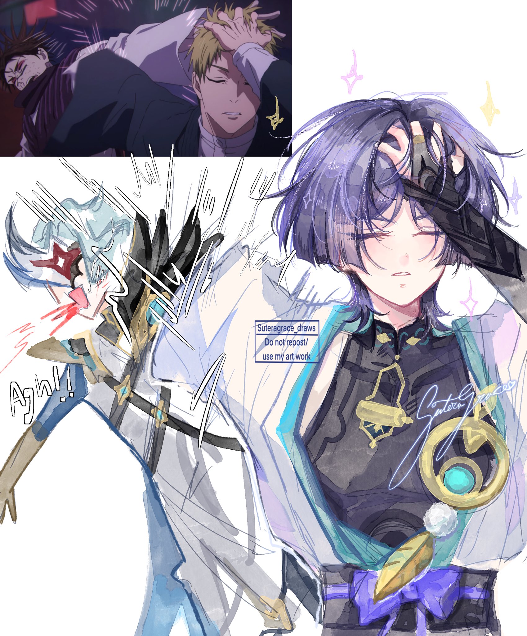 dottore (genshin impact), scaramouche (genshin impact), wanderer (genshin impact), genshin impact, jujutsu kaisen, blue gem, commentary, english commentary, highres, 2boys, anime screenshot inset, aqua hair, armor, artist name, artistic error, bishounen, black bodysuit, black sash, blood, blood from mouth, blue kimono, blue sleeves, blunt ends, bodysuit, bow, bridal gauntlets, chest strap, choppy bangs, closed eyes, coat, coughing, coughing blood, covered collarbone, cursive, eye mask, eyelashes, feathers, gem, gold, gold gloves, gold ring, gracesy grace, grey bridal gauntlets, hand in own hair, hand up, japanese armor, japanese clothes, juban, kimono, kote, kurokote, mandarin collar, mask, meme, meme request, middle ring, multiple boys, naoya hitting choso without looking (meme), open clothes, open kimono, open mouth, parted lips, pom pom (clothes), purple bow, purple hair, purple rope, red mask, rope, sash, screenshot inset, short sleeves, shoulder peek, signature, vision (genshin impact), watermark, white coat, white kimono, white mask, white mouth, white sleeves, yellow feathers