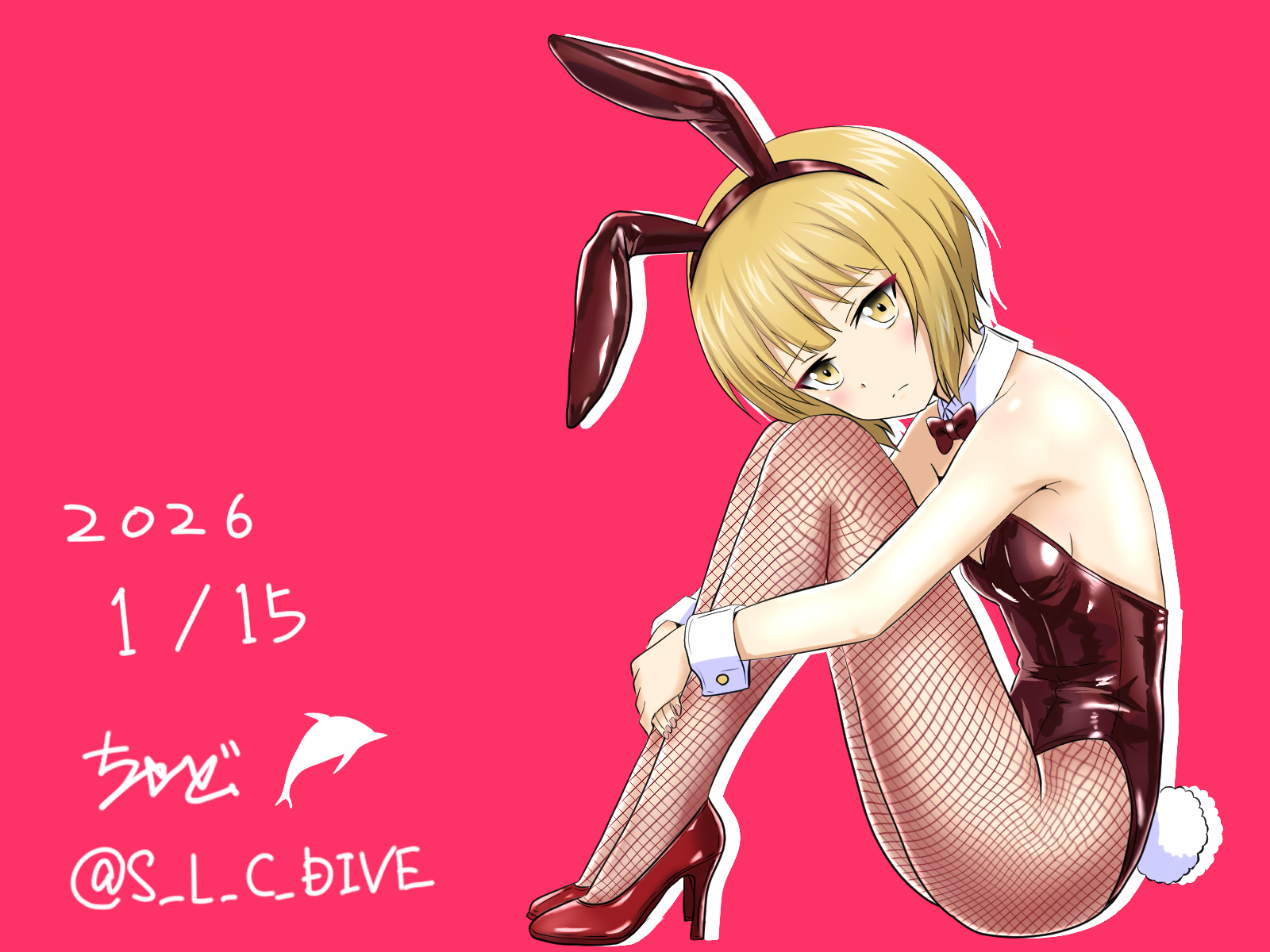 cutlass (girls und panzer), girls und panzer, commentary request, highres, 1girl, animal ear hairband, animal ears, black bow, black bowtie, black leotard, blonde hair, bow, bowtie, breasts, dated, detached collar, fake animal ears, fishnet pantyhose, fishnets, hairband, high heels, hugging own legs, leotard, pantyhose, playboy bunny, rabbit ears, rabbit tail, red background, red shoes, s l c dive, shoes, short hair, simple background, small breasts, solo, stiletto heels, strapless, strapless leotard, tail, wrist cuffs, yellow eyes