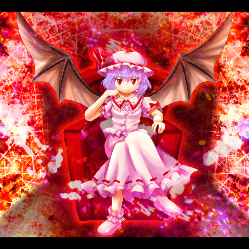 qontamblue, remilia scarlet, touhou, 1girl, crossed legs, female focus, hat, head rest, letterboxed, purple hair, red eyes, short hair, sitting, solo, wings