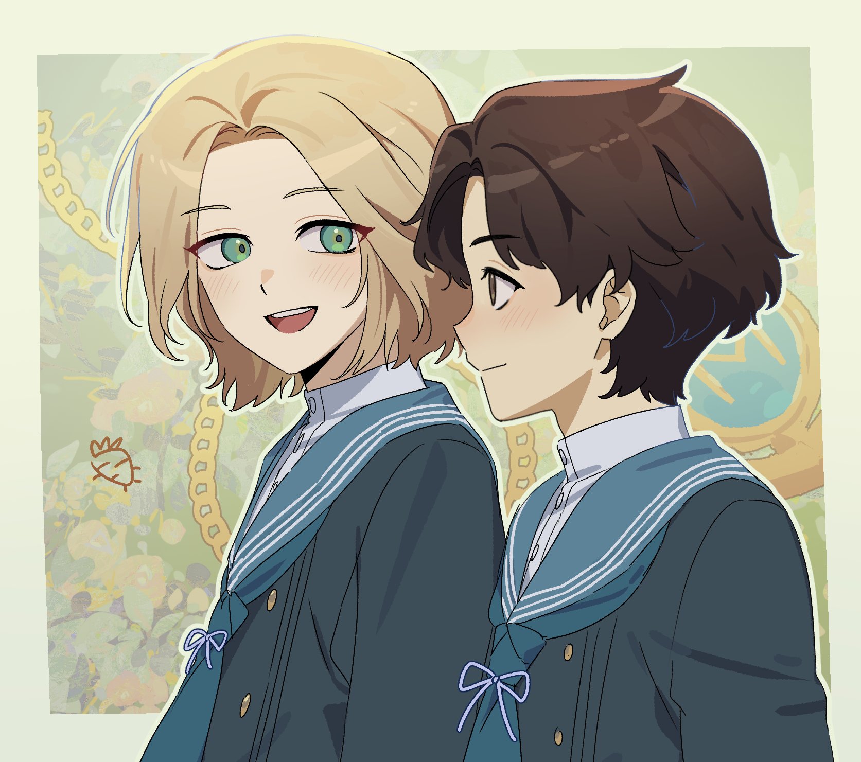 hsh7955, romeo (lies of p), lies of p, commentary request, highres, korean commentary, 2boys, blonde hair, blush, border, brown eyes, brown hair, carlo (lies of p), closed mouth, green eyes, looking at another, male focus, multiple boys, outside border, school uniform, short hair, standing, upper body, white border
