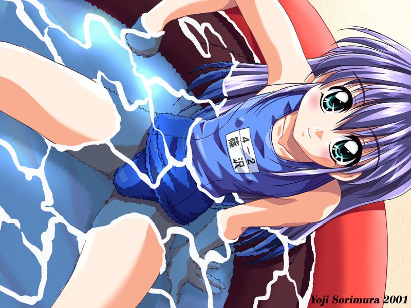 sorimura youji, original, 1girl, 2001, artist name, blush, caustics, covered erect nipples, female focus, flat chest, from above, green eyes, loli, long hair, looking at viewer, one-piece swimsuit, pool, purple hair, refraction, school swimsuit, sitting, smile, solo, spread legs, swimsuit, wading pool, water, watermark