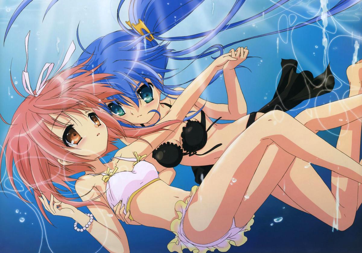 ibe yukiko, akihime sumomo, yuuki nona, megami magazine, nanatsuiro drops, 00s, bikini, swimsuit, underwater