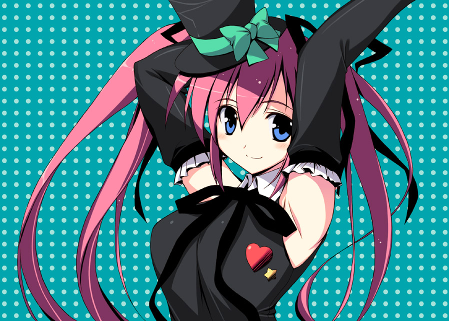 kanemaru, sakuraminto, original, armpits, arms up, blue eyes, detached sleeves, elbow gloves, gloves, hat, latex, latex gloves, long hair, pink hair, top hat, twintails