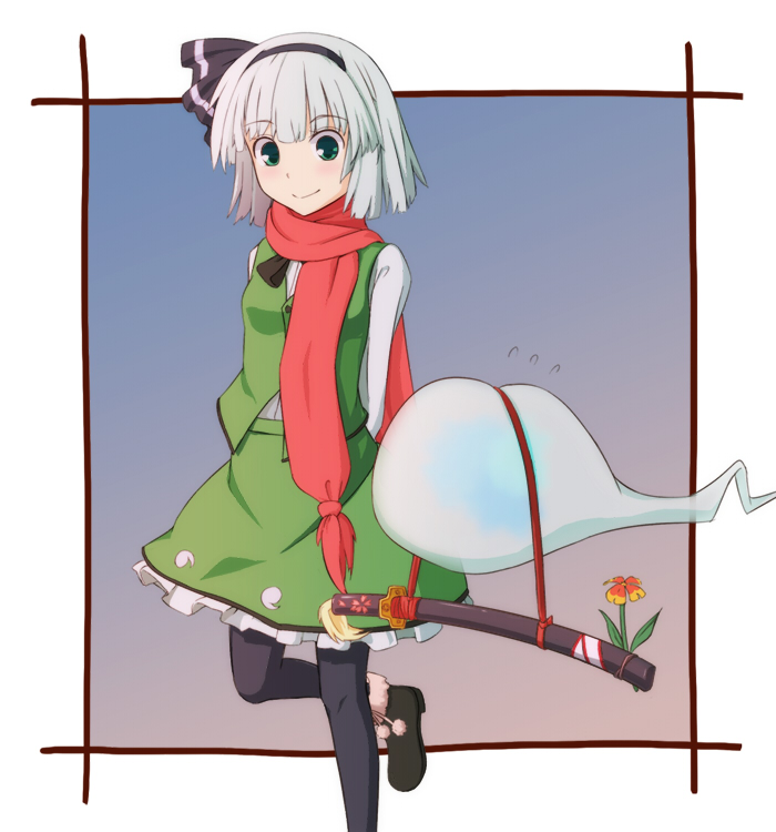 gori otoko, konpaku youmu, konpaku youmu (ghost), touhou, 1girl, arms behind back, blush, bob cut, female focus, flower, ghost, green hair, katana, pantyhose, scarf, short hair, smile, solo, sweatdrop, sword, walking, weapon, white hair