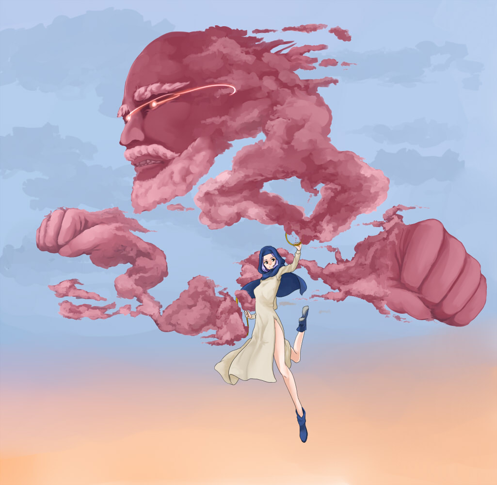 nit (artist), un:coo (nit), kumoi ichirin, unzan, touhou, bad id, bad pixiv id, 1boy, 1girl, blue eyes, blue hair, cloud, hood, short hair, side slit