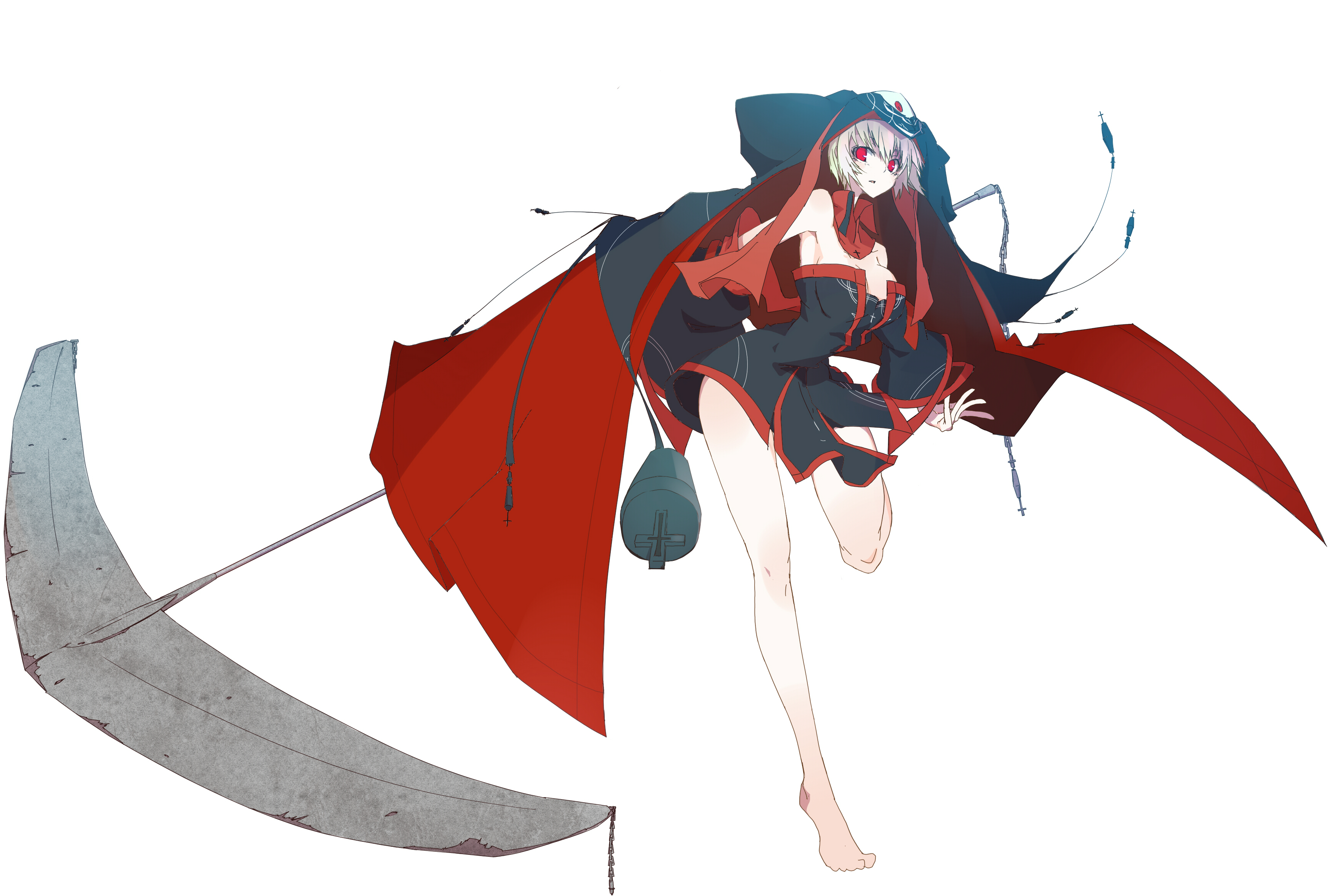 vane (vane0), argus (vane), original, absurdres, bad id, bad pixiv id, highres, 1girl, anchor, bare shoulders, barefoot, breasts, chain, cleavage, cross, detached sleeves, dress, female focus, full body, huge weapon, large breasts, legs, nun, red eyes, short hair, simple background, solo, veil, weapon, white hair