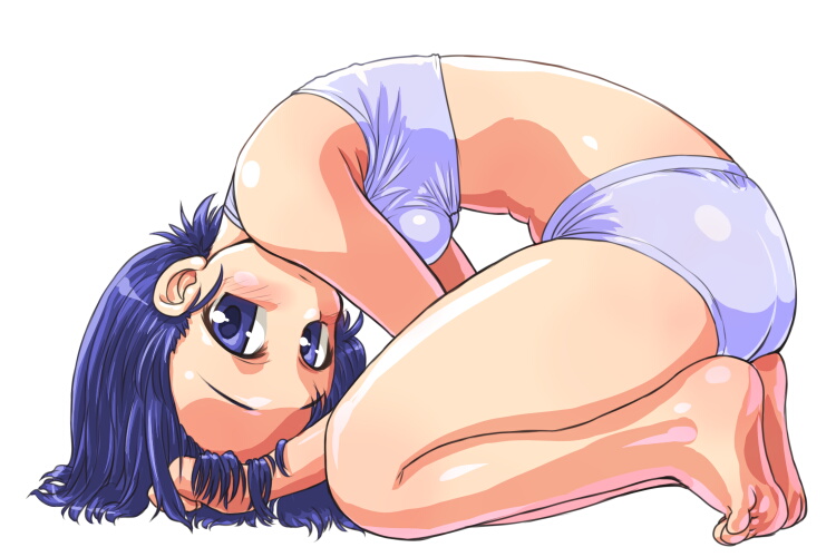 dd (ijigendd), original, bad id, bad pixiv id, 1girl, barefoot, blue eyes, blue hair, bra, female focus, lingerie, matching hair/eyes, panties, solo, sports bra, underwear, underwear only, white panties