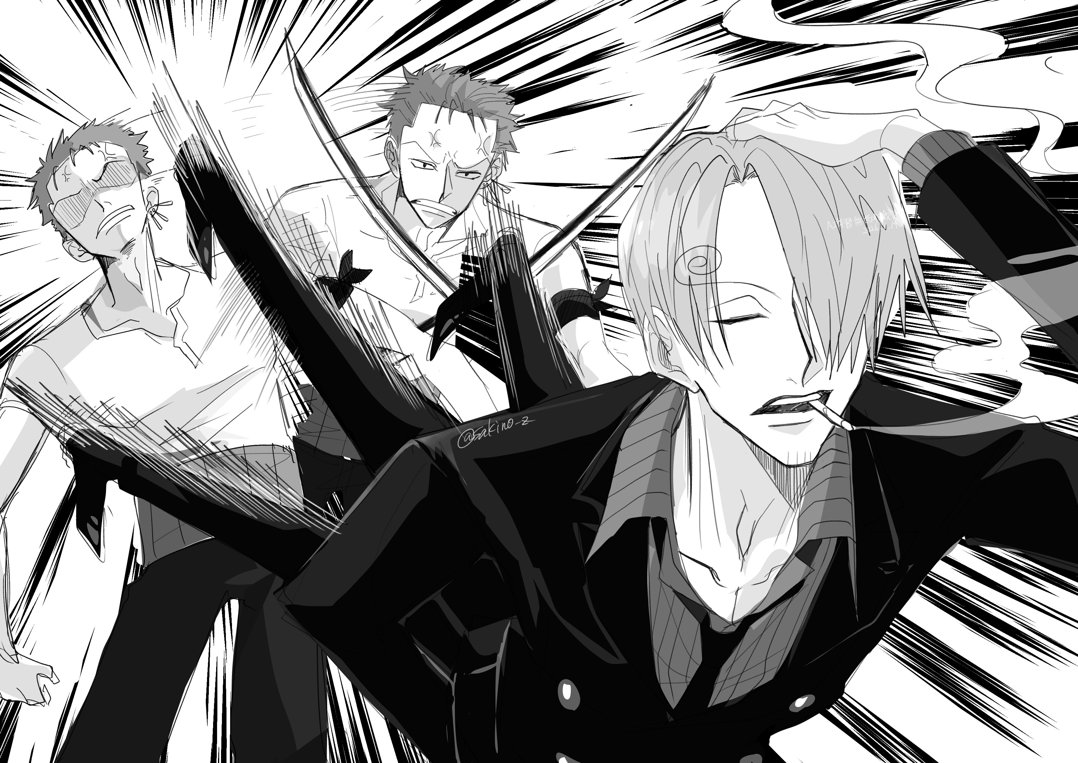 roronoa zoro, sanji (one piece), one piece, absurdres, commentary request, highres, 2boys, cigarette, curly eyebrows, facial hair, formal clothes, goatee, hair over one eye, holding, holding sword, holding weapon, kicking, male focus, meme, monochrome, multiple boys, mustache stubble, naoya hitting choso without looking (meme), sakino z, smoking, stubble, suit, sword, weapon