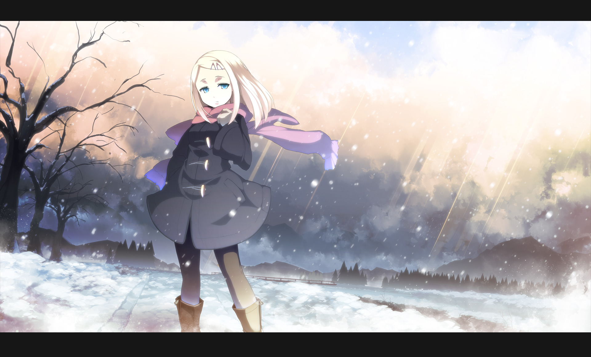 asakura masatoki, original, highres, 1girl, blonde hair, blue eyes, boots, cloud, coat, coat dress, dress, female focus, forest, hair ornament, hairclip, letterboxed, nature, outdoors, pantyhose, scarf, snow, solo, tree, winter, winter clothes, winter coat
