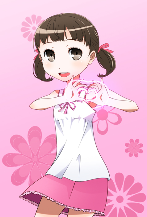 c (neta), magukappu, doujima nanako, atlus, persona, persona 4, 1girl, brown eyes, brown hair, child, dress, female focus, four-finger heart hands, frilled dress, frills, heart, heart hands, short twintails, sleeveless, solo, standing, twintails