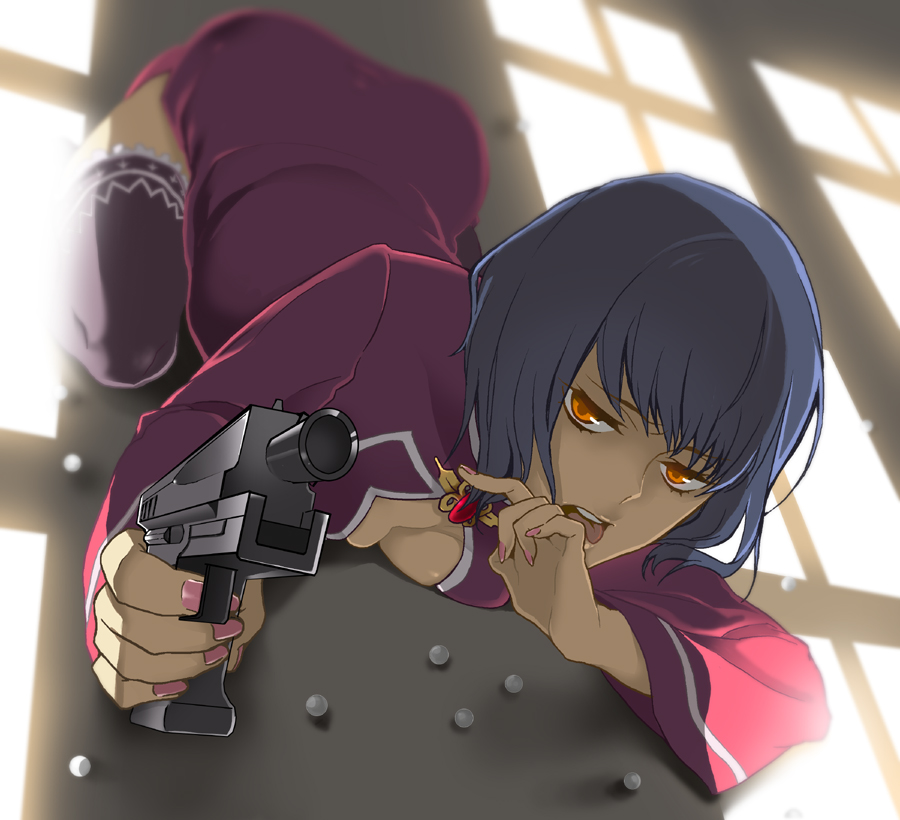 calorie off, kurosironeko, liang qi, 428, 428: fuusa sareta shibuya de, canaan (series), chunsoft, 1girl, black thighhighs, blue hair, breast press, breasts, china dress, chinese clothes, cleavage, cleavage cutout, clothing cutout, dress, female focus, gun, handgun, nail polish, orange hair, pink nails, short hair, solo, thighhighs, tongue, weapon