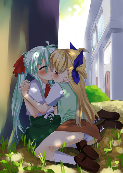 layla (suptomat), einhard stratos, vivio, lyrical nanoha, mahou shoujo lyrical nanoha, mahou shoujo lyrical nanoha vivid, 10s, 2girls, ass, blonde hair, blush, couple, dappled sunlight, green hair, hair ribbon, holding hands, kiss, multiple girls, panties, pantyshot, purple eyes, red eyes, ribbon, short twintails, skirt, sunlight, twintails, underwear, yuri