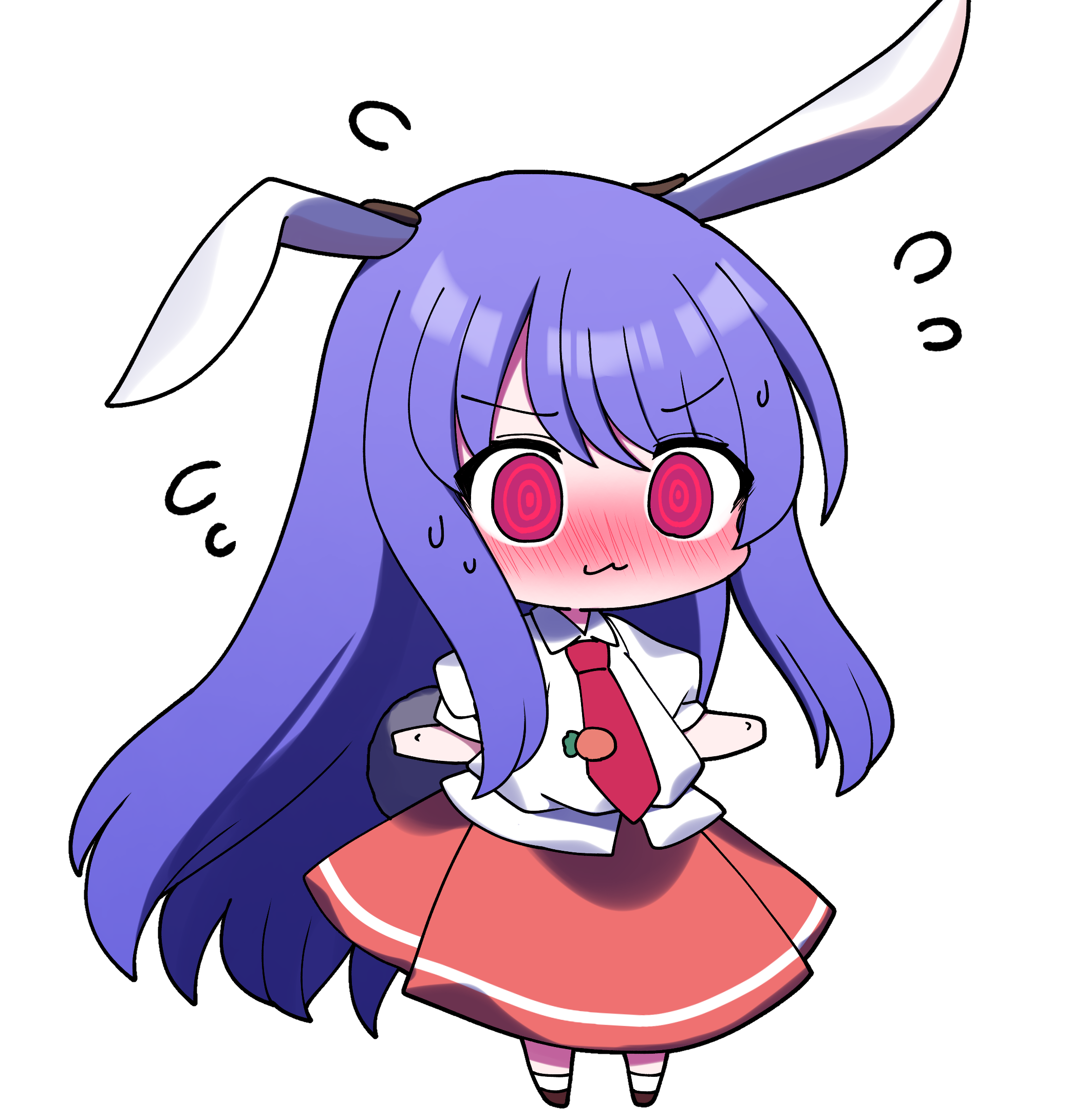 you (noanoamoemoe), reisen udongein inaba, touhou, urban legend in limbo, commentary request, highres, 1girl, @ @, animal ears, black shoes, blinking, blush, chibi, closed mouth, collared shirt, dress shirt, flying sweatdrops, full body, large tail, long hair, long skirt, necktie, no nose, nose blush, open mouth, pink eyes, puffy short sleeves, puffy sleeves, purple hair, rabbit ears, rabbit girl, rabbit tail, shirt, shoes, short sleeves, skirt, socks, solo, standing, tail, very long hair, white shirt, white socks