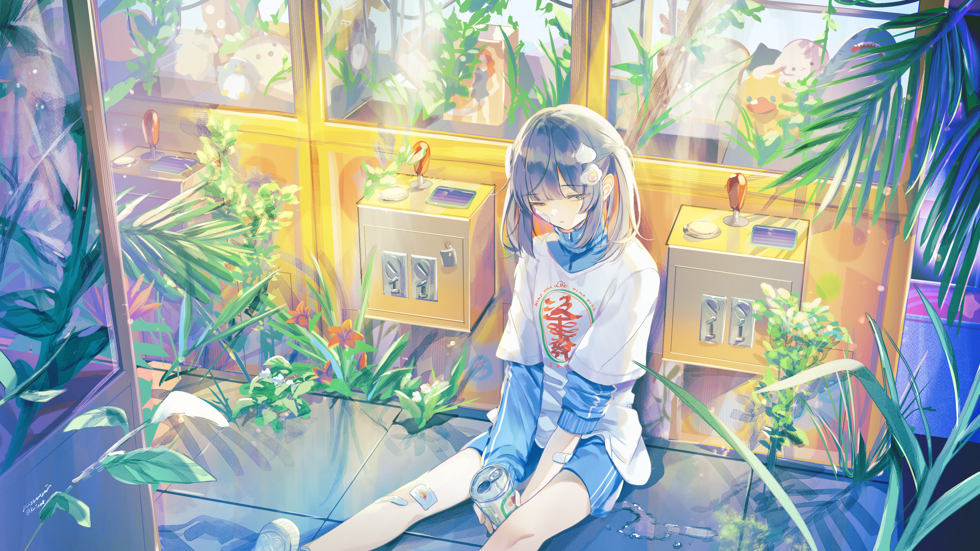 ruoruomi, original, absurdres, commentary request, highres, 1girl, bandaid, bandaid on arm, bandaid on face, bandaid on knee, bandaid on leg, black hair, blue jacket, blue shorts, brown eyes, can, crane game, drink can, hair ornament, half-closed eye, jacket, loose clothes, loose shirt, medium hair, one eye closed, overgrown, shirt, shorts, signature, sitting, soda can, solo, track jacket, twintails, white shirt