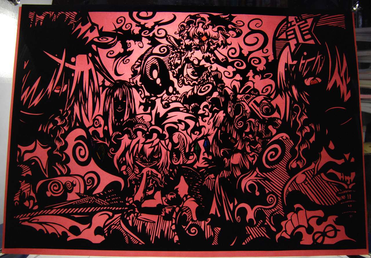 ganjii, ganjii (fugashi), flandre scarlet, hong meiling, izayoi sakuya, koakuma, patchouli knowledge, remilia scarlet, embodiment of scarlet devil, touhou, kirigami (medium), papercraft (medium), photo (medium), traditional media, unconventional media, 6+girls, evil grin, evil smile, female focus, grin, kirigami, knife, monochrome, multiple girls, red background, red theme, smile, throwing knife, weapon