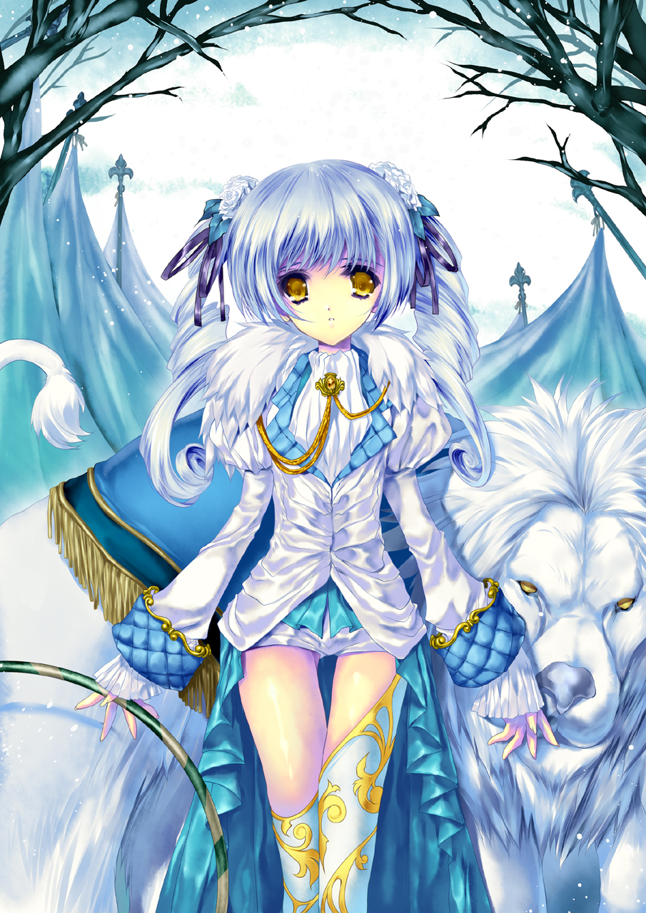 okonogi noi, original, highres, 1girl, animal, blue hair, drill hair, female focus, flower, hair ornament, hair ribbon, lion, ribbon, short shorts, shorts, solo, thigh gap, thighhighs, tree, twintails, winter, yellow eyes