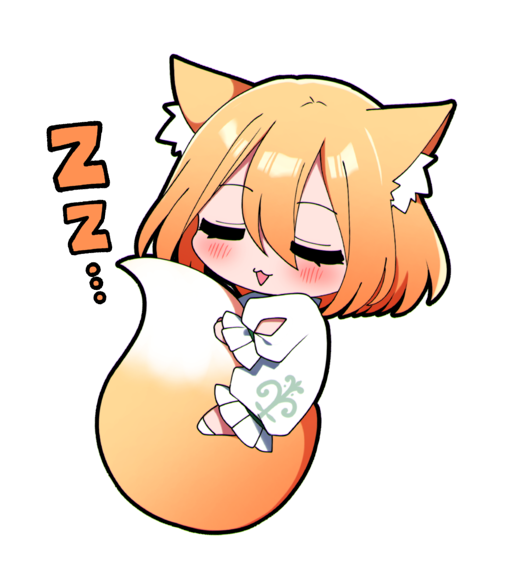 you (noanoamoemoe), kudamaki tsukasa, touhou, commentary request, highres, 1girl, :3, :d, animal ear fluff, animal ears, blonde hair, blush, chibi, chibi only, closed eyes, double-parted bangs, fox ears, fox girl, fox tail, full body, hair between eyes, hugging own tail, hugging tail, open mouth, romper, short hair, short sleeves, simple background, sleeping, smile, socks, solo, tail, white background, white romper, white socks, zzz