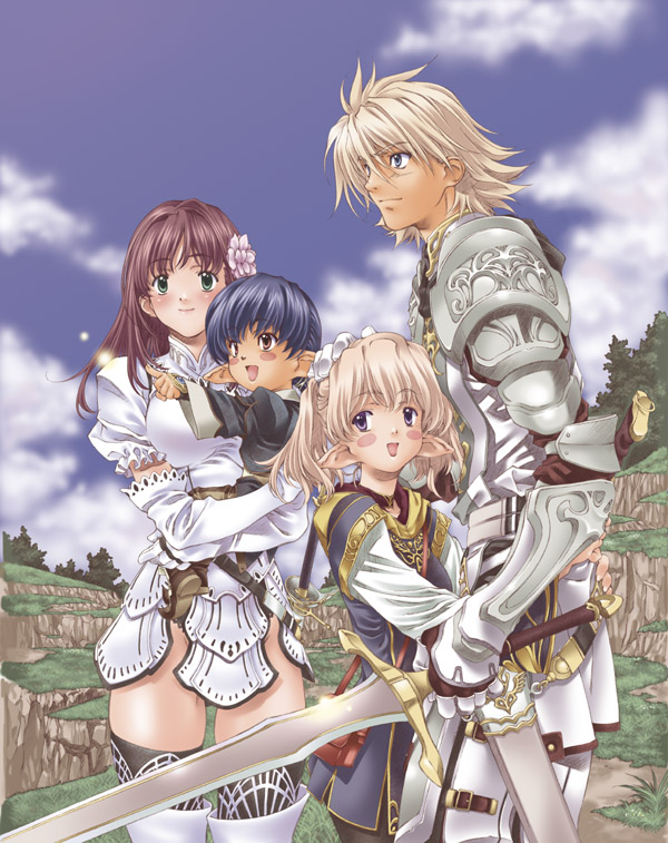 mizutani tooru, elvaan, paladin (final fantasy), final fantasy, final fantasy xi, 00s, 2boys, 2girls, armor, elbow gloves, elf, flower, gloves, hair flower, hair ornament, multiple boys, multiple girls, paladin, pointy ears, sword, tarutaru, thighhighs, weapon