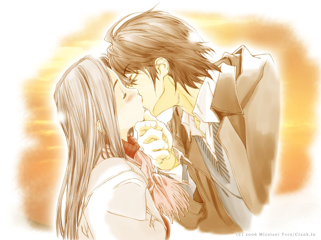 mizutani tooru, original, 1boy, 1girl, blush, brown hair, closed eyes, couple, hetero, kiss, long hair, scarf