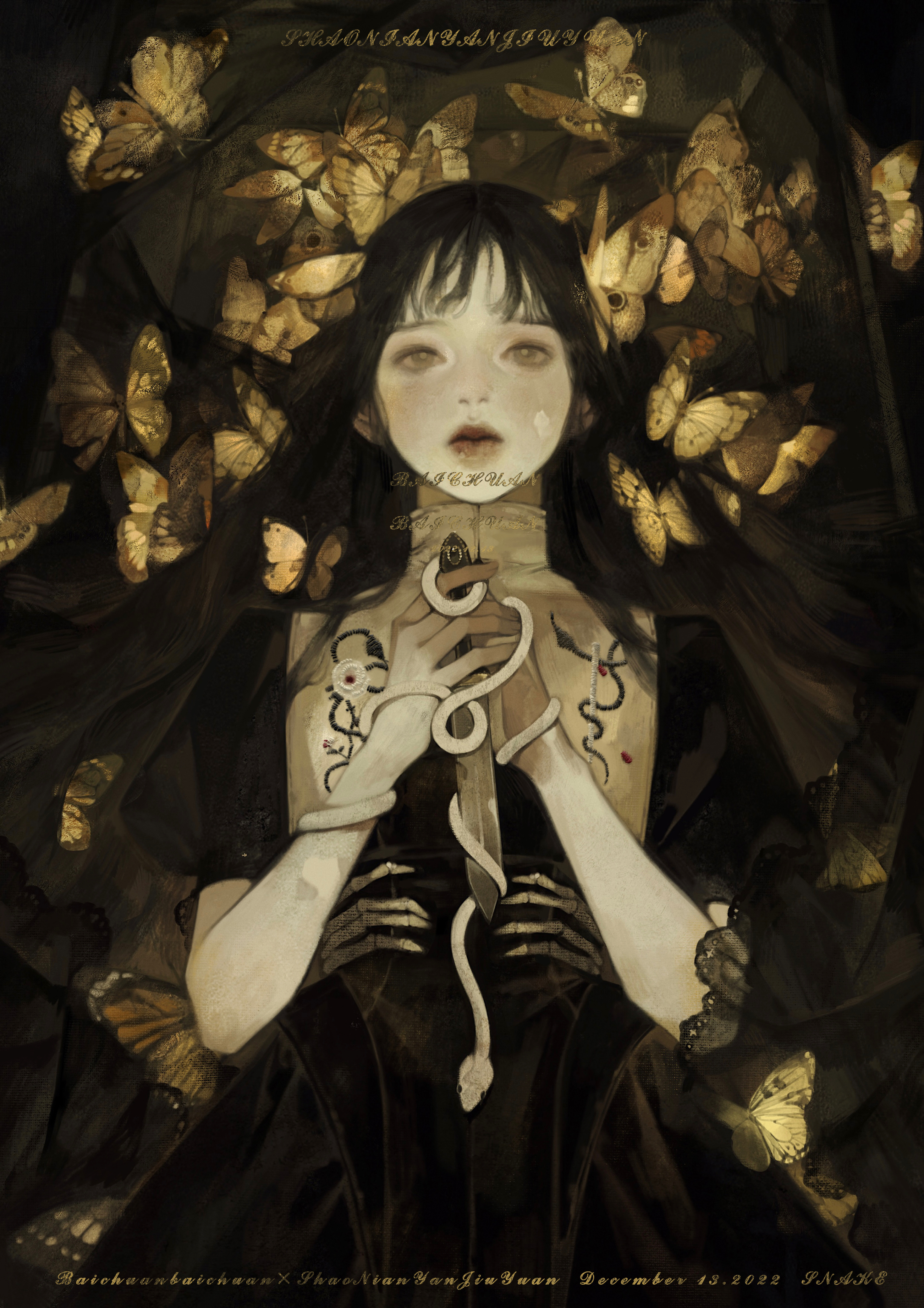 baichuan baichuan, original, absurdres, highres, 1girl, animal, brown theme, bug, butterfly, closed mouth, cowboy shot, dagger, dated, dress, holding, holding dagger, holding knife, holding weapon, insect, knife, lips, long hair, looking at viewer, lying, makeup, on back, rouge (makeup), short sleeves, skeleton, snake, solo, watermark, weapon, wispy bangs