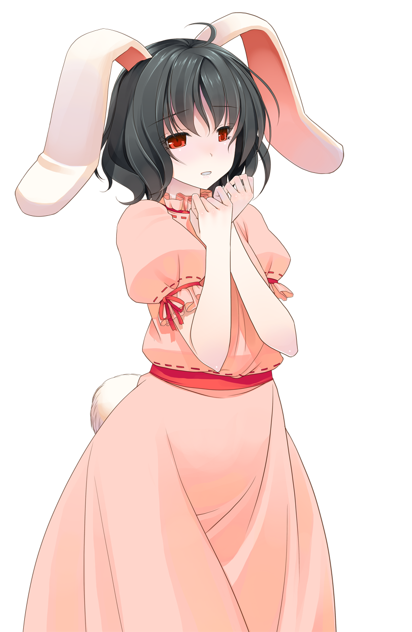 crote, inaba tewi, touhou, commentary request, highres, large variant set, variant set, 1girl, ahoge, animal ears, black hair, cowboy shot, dress, floppy ears, frilled sleeves, frills, furrowed brow, half-closed eyes, hands up, long dress, parted lips, pink dress, puffy short sleeves, puffy sleeves, rabbit ears, rabbit girl, rabbit tail, red eyes, red ribbon, ribbon, ribbon-trimmed dress, ribbon trim, short hair, short sleeves, sleeve ribbon, smile, solo, standing, tachi-e, tail, transparent background