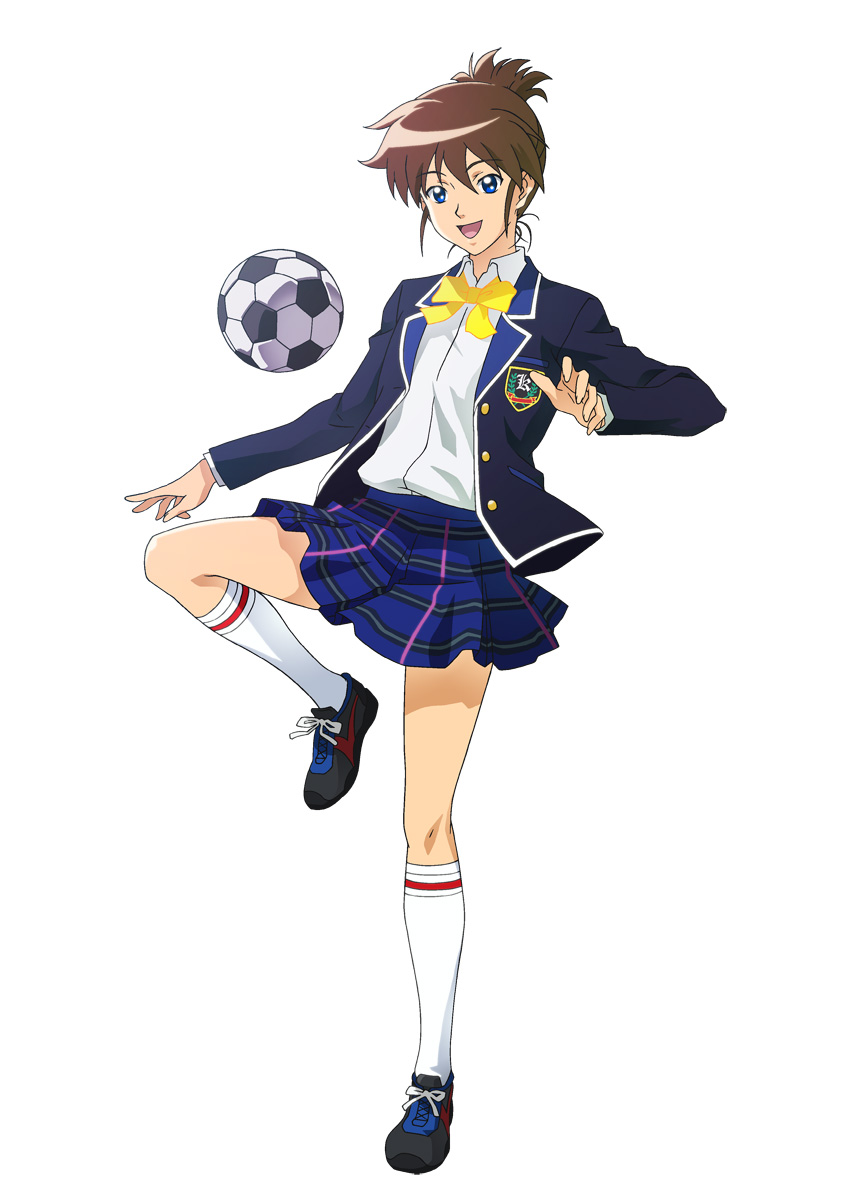 maeda itsuki, konami, tokimeki memorial, tokimeki memorial 4, plaid, highres, official art, 1girl, ball, blue eyes, bow, bowtie, brown hair, female focus, full body, leg lift, ponytail, school uniform, shoes, short hair, simple background, skirt, sneakers, soccer ball, solo, telstar, tomboy, white background