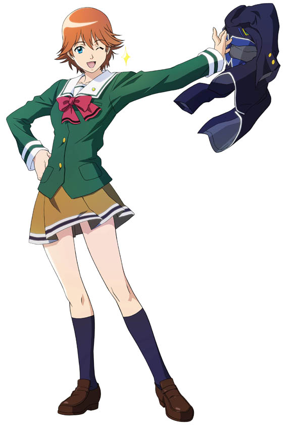 nanakawa rui, konami, tokimeki memorial, tokimeki memorial 2, tokimeki memorial 4, official art, 1girl, blazer, blue eyes, bow, bowtie, female focus, green shirt, hand on own hip, hip focus, jacket, kneehighs, one eye closed, orange hair, school uniform, shirt, shoes, short hair, skirt, socks, solo, sparkle, undressing, wink