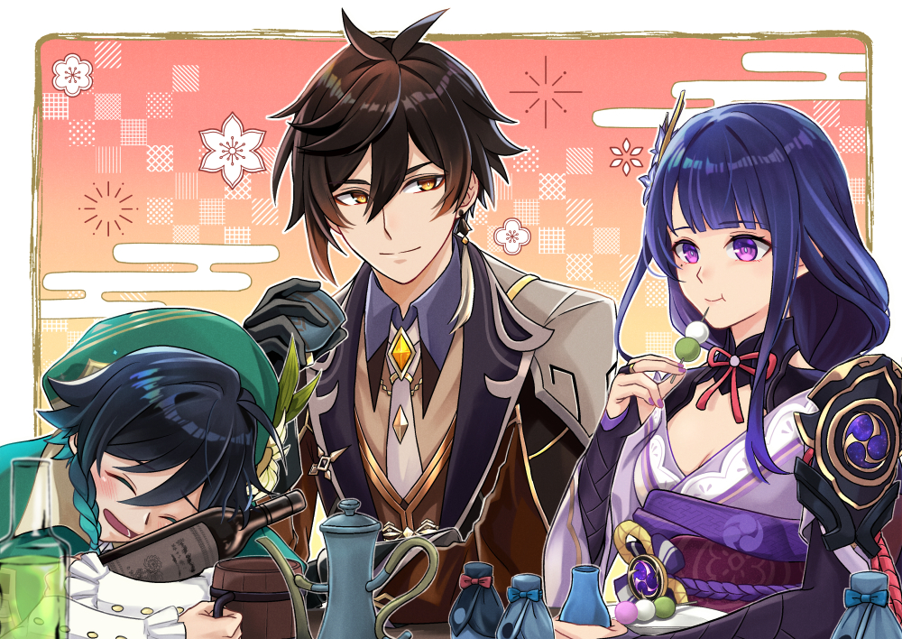 saklo, raiden shogun, venti (genshin impact), zhongli (genshin impact), genshin impact, commentary, 1girl, 2boys, black hair, blue hair, blunt bangs, blush, bottle, braid, breasts, bridal gauntlets, brown hair, cleavage, dango, dango milk (genshin impact), earrings, egasumi, flower, food, gradient hair, hair between eyes, hair flower, hair ornament, hat, hat flower, japanese clothes, jewelry, kimono, large breasts, long hair, low-braided long hair, low-tied long hair, mole, mole under eye, multicolored hair, multiple boys, neck ribbon, obi, ponytail, purple eyes, purple flower, purple hair, purple kimono, purple nails, red ribbon, ribbon, sash, shade, short hair with long locks, single earring, smile, tassel, tassel earrings, tea, twin braids, wagashi, white flower, wine bottle, yellow eyes