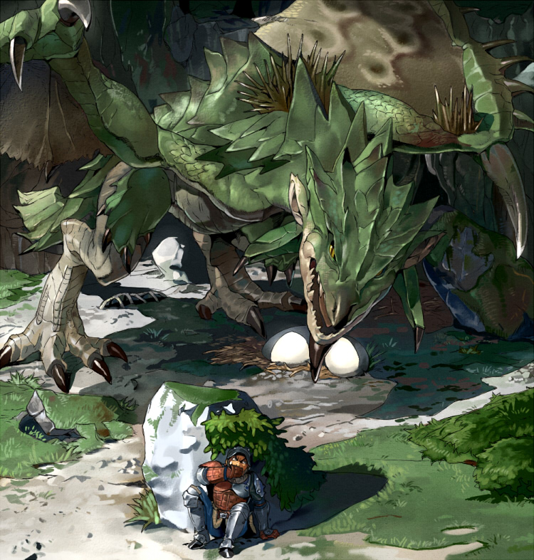 orushibu, rathian, capcom, monster hunter (series), 1boy, angry, armor, dragon, egg, forest, helmet, hiding, knight, monster, nature, rock, scared, wings, wyvern, yellow eyes