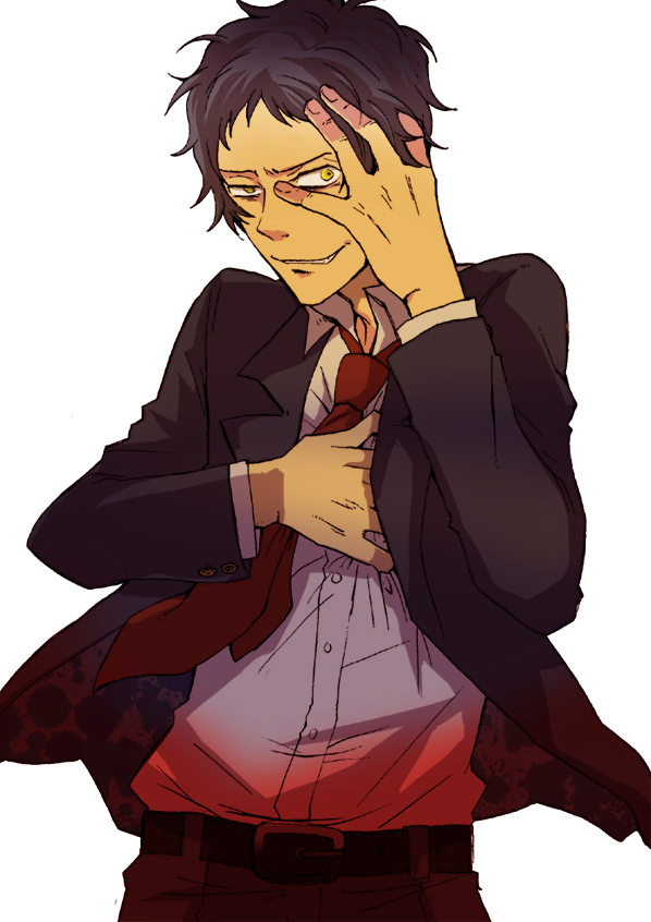 sudachips, adachi tooru, shadow (persona), atlus, persona, persona 4, bad id, bad pixiv id, spoilers, belt, blood, male focus, necktie, short hair, solo, yellow eyes