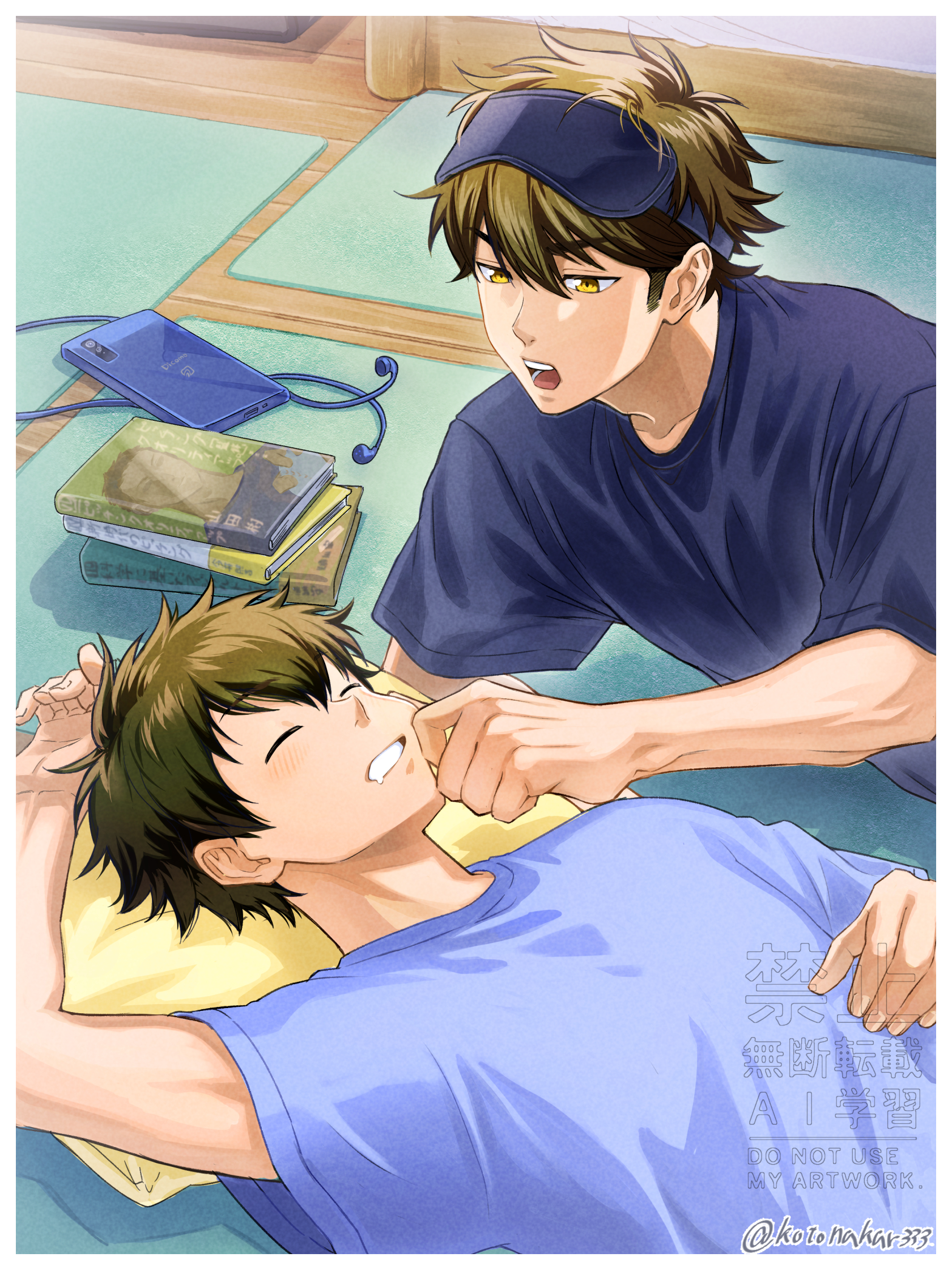 kusatakesi, miyuki kazuya, sawamura eijun, ace of diamond, commentary request, highres, 2boys, blue shirt, book, border, brown hair, cellphone, cheek pinching, closed eyes, closed mouth, earphones, looking at another, lying, male focus, mask, mask on head, multiple boys, on back, on floor, phone, pinching, shirt, short hair, sideburns, sleep mask, sleeping, smartphone, twitter username, upper body, watermark, white border