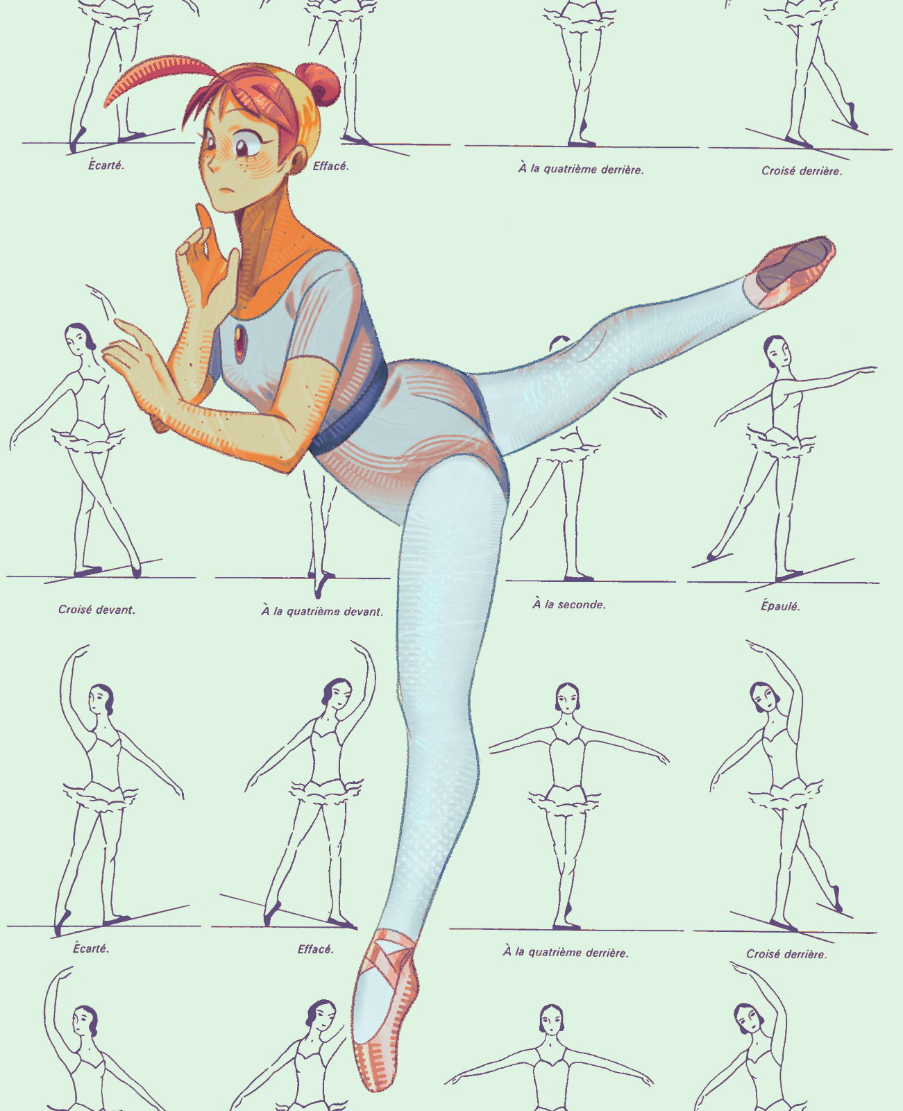 ahiru (princess tutu), princess tutu, commentary, english commentary, highres, 1girl, ahoge, arabesque (pose), ballerina, ballet, ballet class clothes, ballet slippers, belt, en pointe, fourth position of the arms, freckles, hair bun, krisandthebluesurgeons, leotard, official alternate costume, orange hair, pantyhose, second position of the arms, solo, updo, white pantyhose