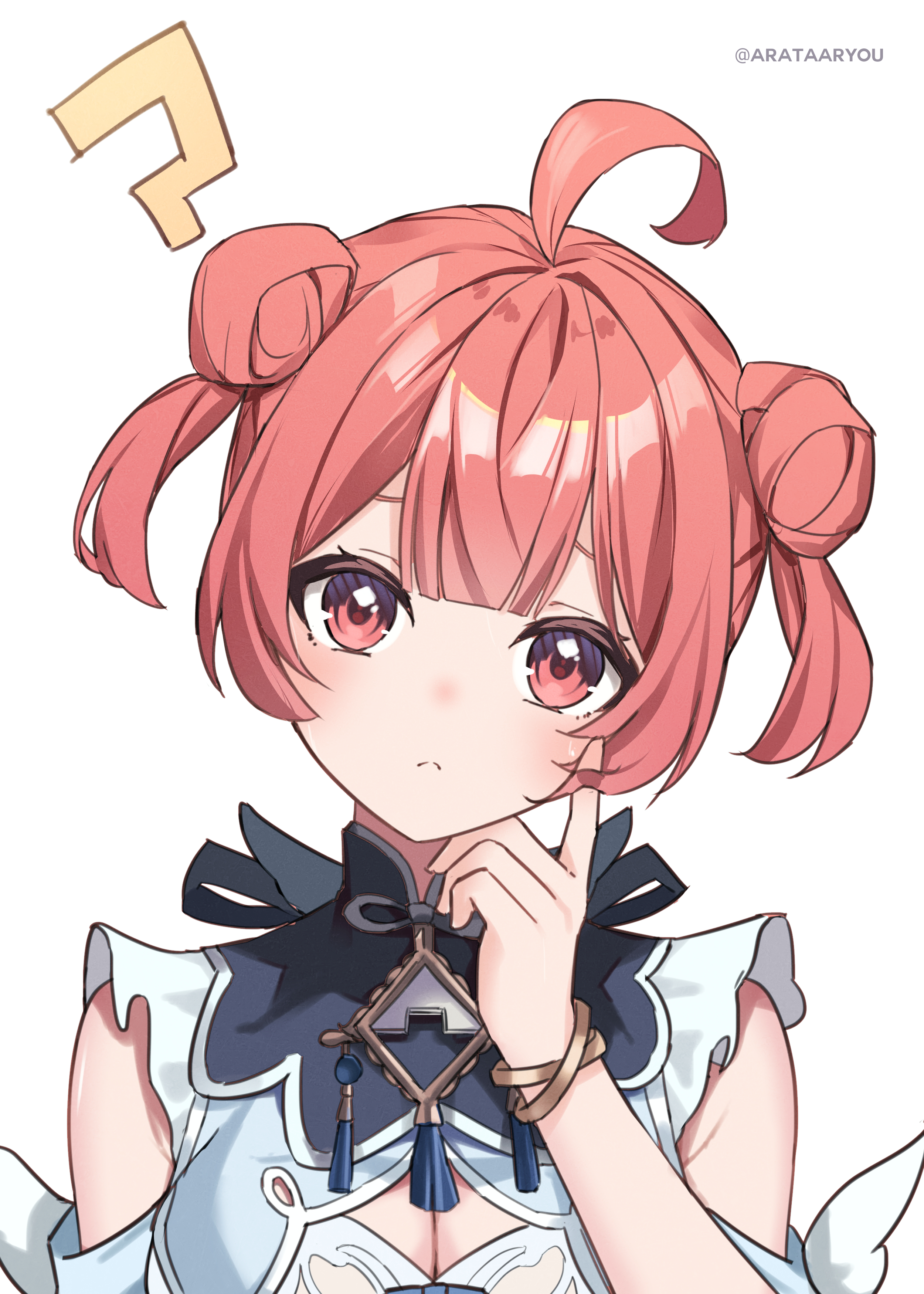 arata ryou, yumeno akari, vspo!, absurdres, commentary request, highres, 1girl, ?, ahoge, armpit crease, artist name, bare shoulders, black collar, breasts, center-flap bangs, cleavage, closed mouth, clothing cutout, collar, double-parted bangs, double bun, dress, finger to cheek, hair bun, hand up, head tilt, index finger raised, looking at viewer, medium breasts, red eyes, red hair, short hair, shoulder cutout, simple background, solo, straight-on, sweatdrop, tassel, two side up, upper body, virtual youtuber, white background, white dress