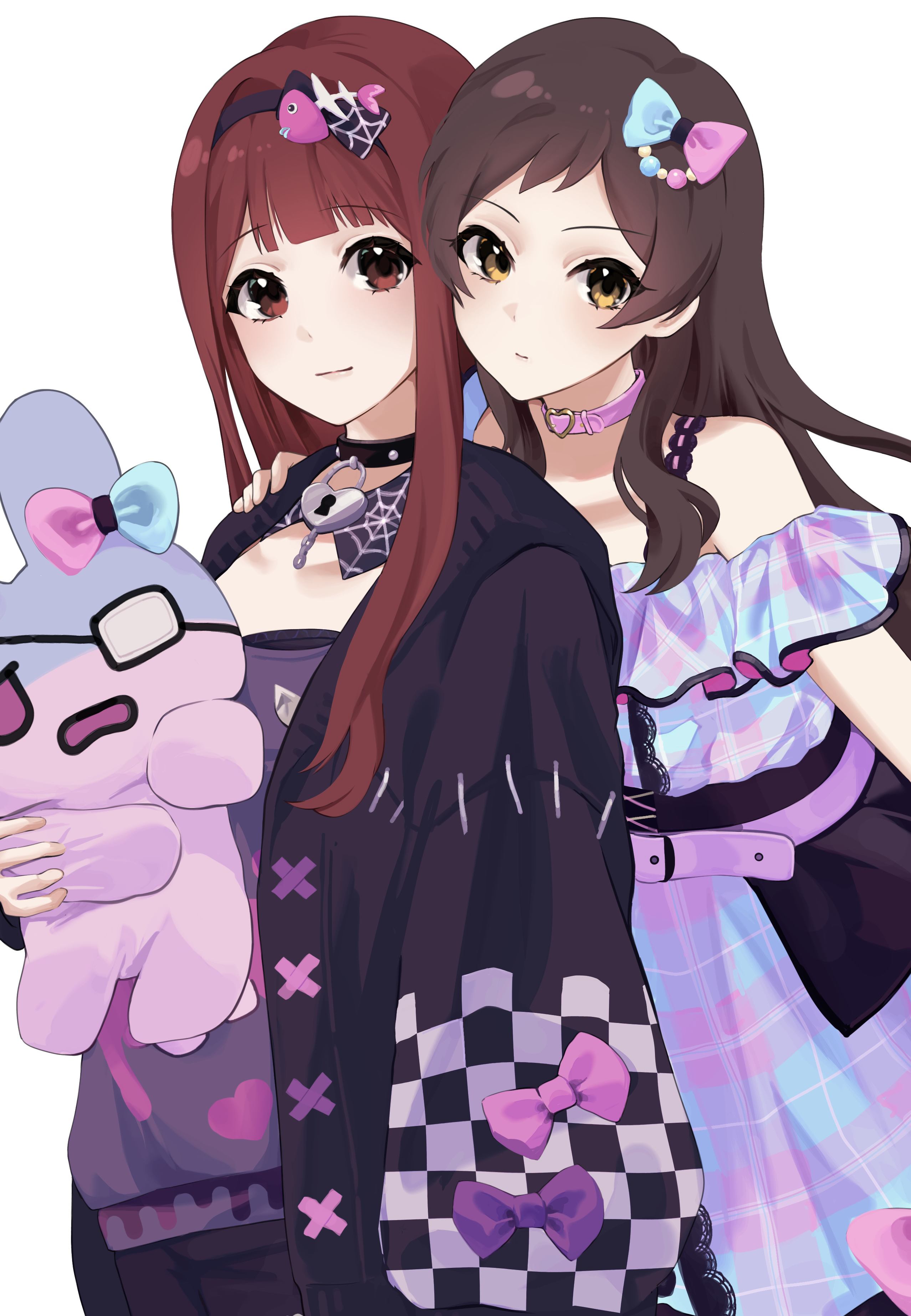 chosmahe, kitazawa shiho, tanaka kotoha, tanaka kotoha (only see you), idolmaster, idolmaster million live!, idolmaster million live! theater days, absurdres, commentary, highres, 2girls, behind another, black cardigan, black collar, bow, brown eyes, brown hair, cardigan, closed mouth, collar, dress, fish skeleton hair ornament, front-to-back, hair bow, hairband, hand on another's shoulder, heart-shaped lock, heart collar, holding, holding stuffed toy, light smile, long hair, long sleeves, looking at viewer, multicolored bow, multicolored dress, multiple girls, official alternate costume, open cardigan, open clothes, pink collar, qute x qualm (idolmaster), red eyes, red hair, simple background, standing, stuffed animal, stuffed rabbit, stuffed toy, white background