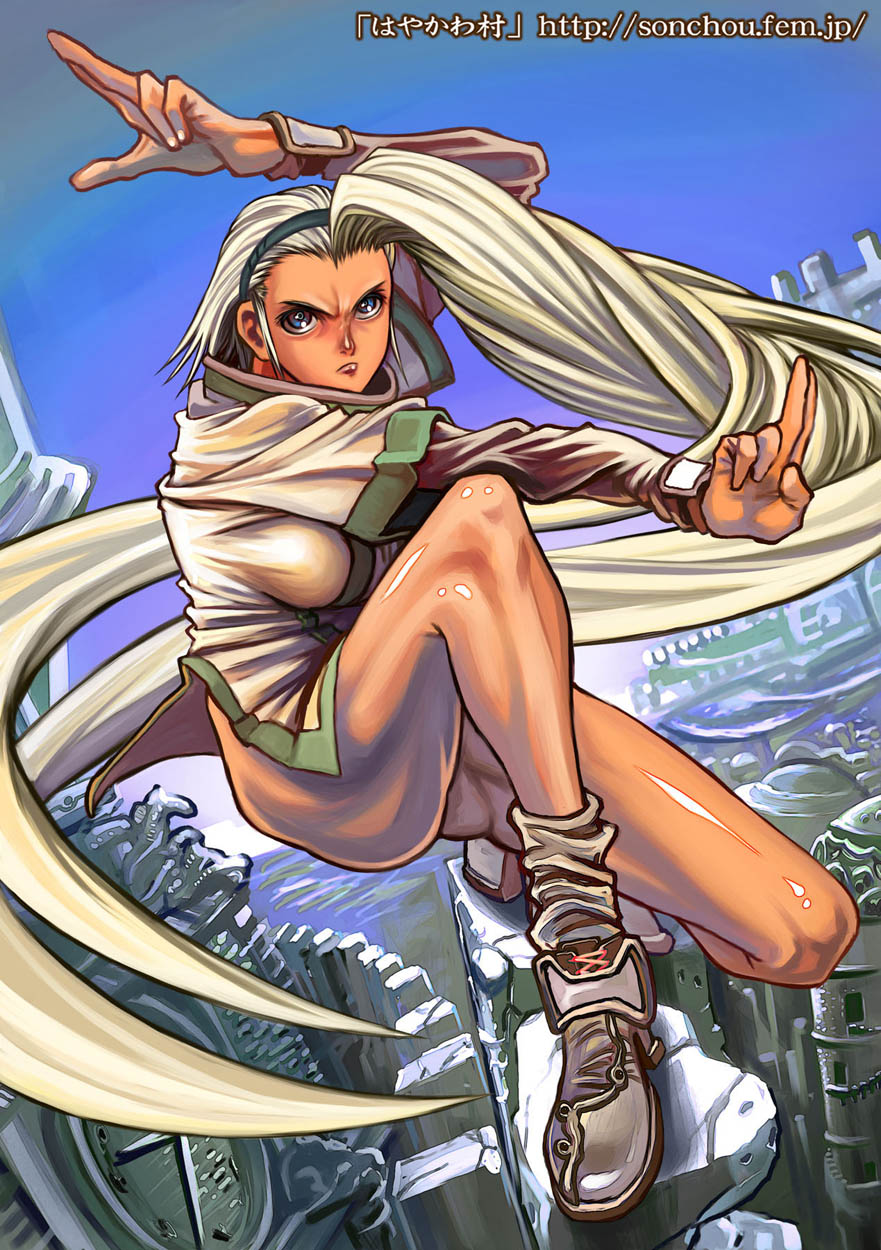 millia rage, arc system works, guilty gear, highres, tagme, 1girl, ass, blonde hair, blue eyes, breasts, female focus, full body, long hair, outdoors, sky, solo, squatting, water