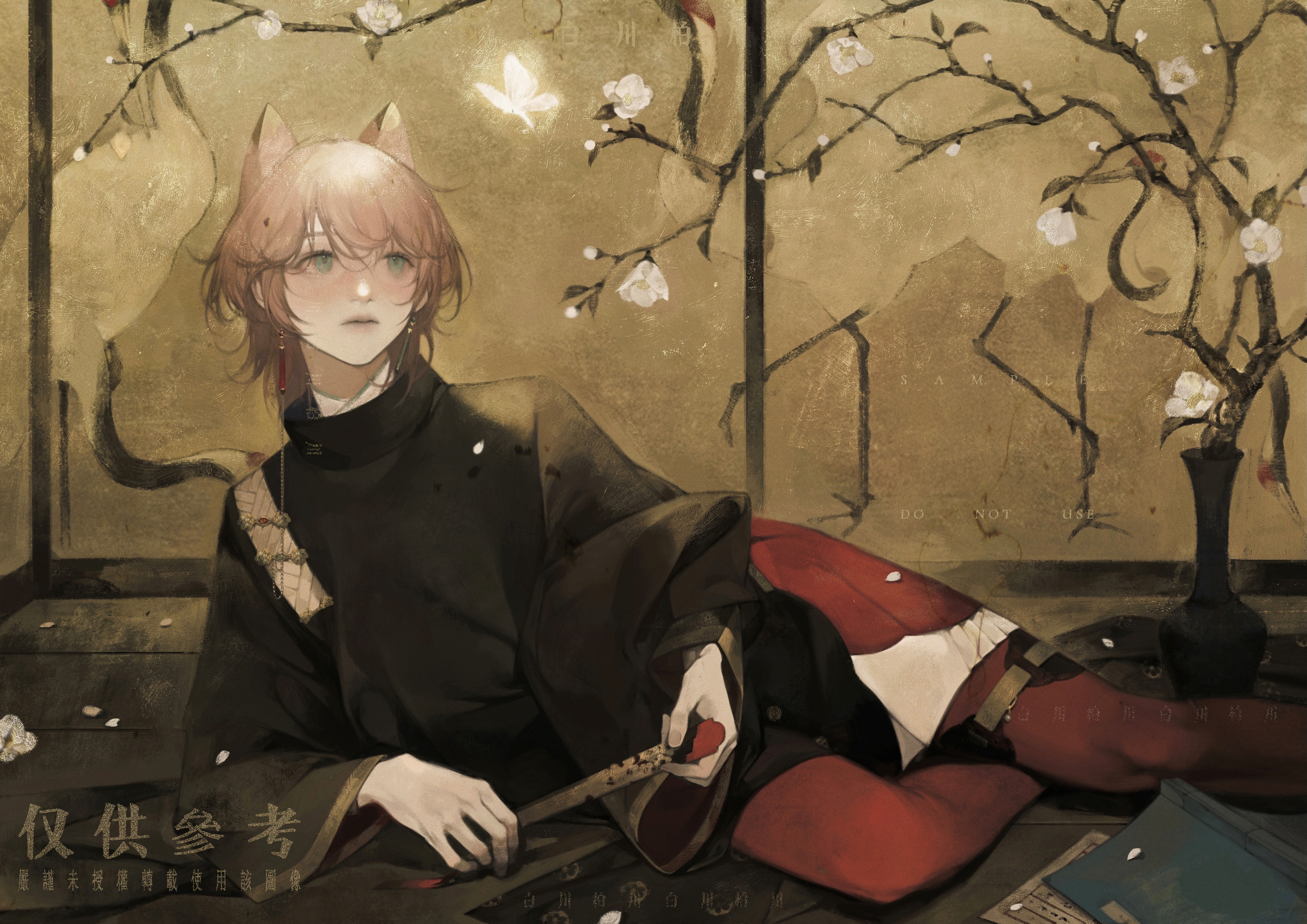 baichuan baichuan, original, absurdres, highres, 1boy, animal ears, asymmetrical legwear, book, branch, brown hair, bug, butterfly, cat boy, cat ears, closed mouth, falling petals, flower, holding, indoors, insect, lips, long sleeves, looking at animal, male focus, medium hair, mismatched legwear, petals, sidelocks, solo, tail, vase, white butterfly, white flower, white petals, wooden floor