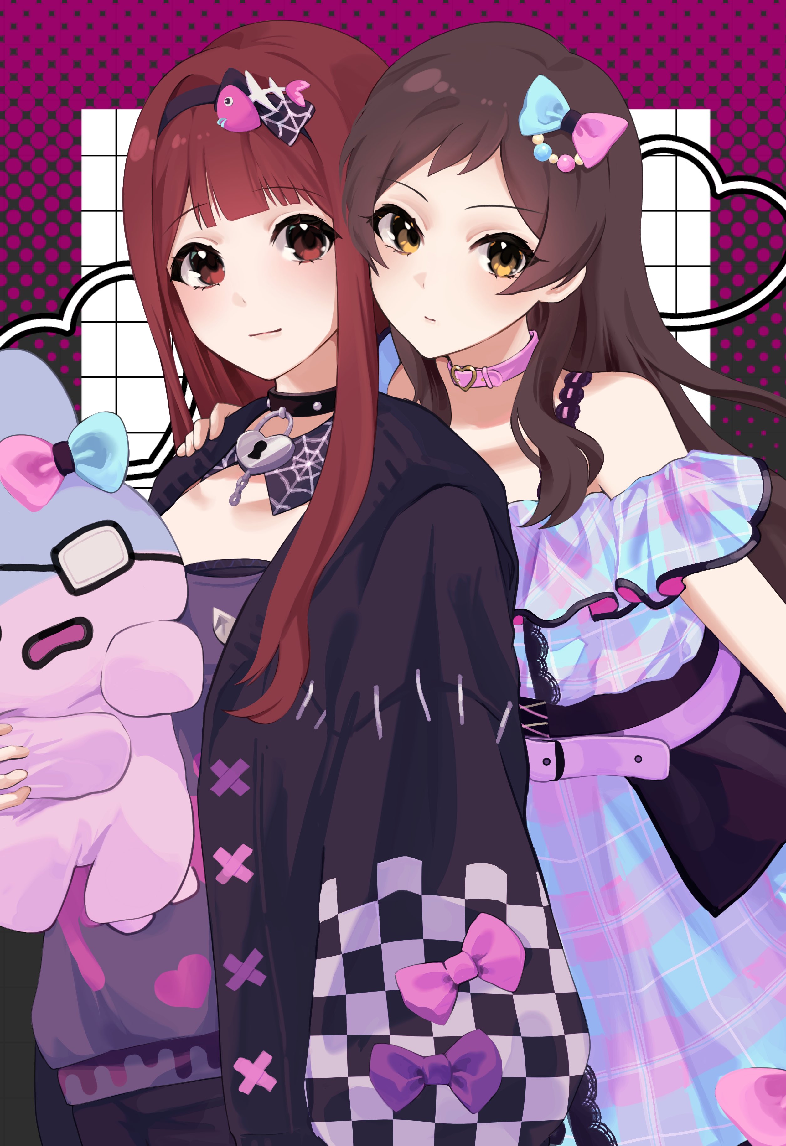 chosmahe, kitazawa shiho, tanaka kotoha, tanaka kotoha (only see you), idolmaster, idolmaster million live!, idolmaster million live! theater days, absurdres, commentary request, highres, 2girls, behind another, black cardigan, black collar, bow, brown eyes, brown hair, cardigan, closed mouth, collar, dress, fish skeleton hair ornament, front-to-back, hair bow, hairband, hand on another's shoulder, heart, heart-shaped lock, heart collar, holding, holding stuffed toy, light smile, long hair, looking at viewer, multicolored bow, multicolored dress, multiple girls, official alternate costume, open cardigan, open clothes, pink collar, qute x qualm (idolmaster), red eyes, red hair, standing, stuffed animal, stuffed rabbit, stuffed toy