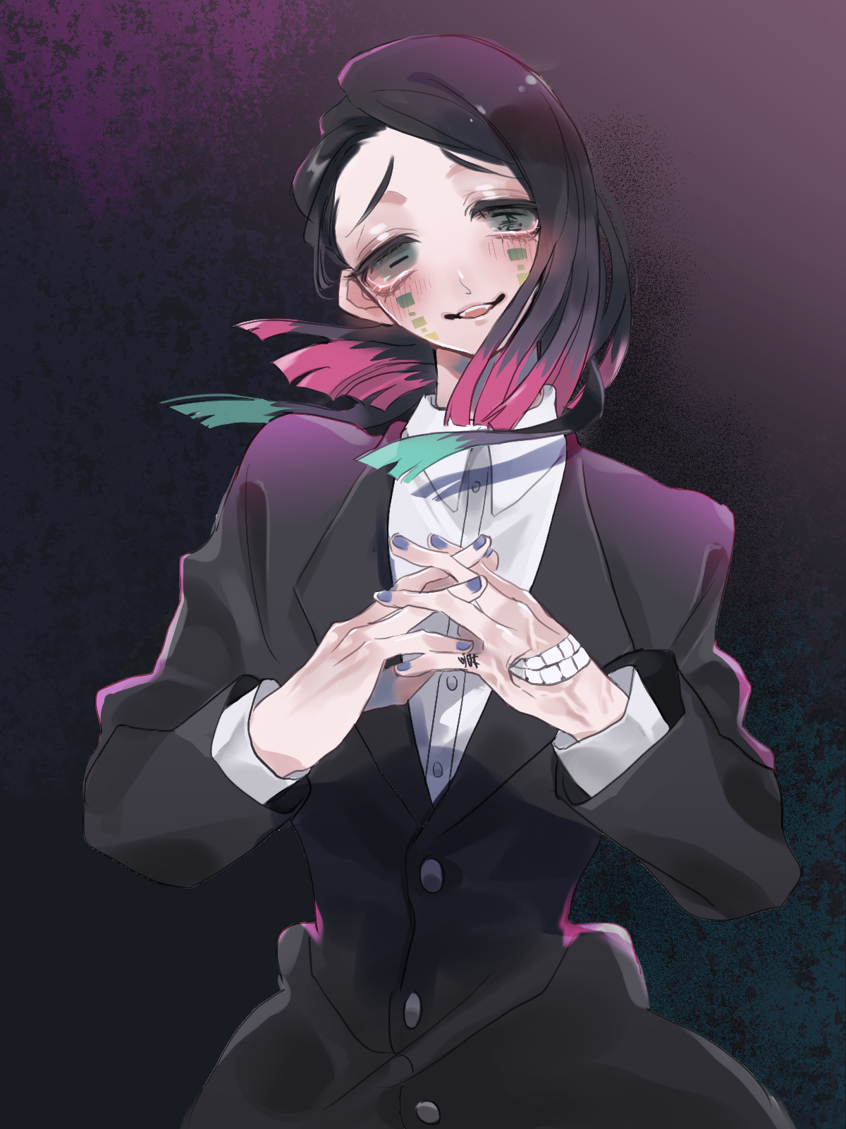 enmu (kimetsu no yaiba), kimetsu no yaiba, commentary request, highres, 1boy, aegyo sal, asymmetrical bangs, black jacket, blush, buttons, colored tips, cowboy shot, demon boy, facial mark, fangs, finger tattoo, floating hair, furrowed brow, gradient background, grey background, grin, interlocked fingers, jacket, kanji tattoo, long sleeves, male focus, medium hair, misplaced mouth, multicolored hair, open mouth, own hands together, purple nails, raised inner eyebrows, smile, solo, straight-on, suit jacket, symbol-shaped pupils, tareme, tattoo, tears facial mark, teeth, trap, undershirt, upper teeth only, yamazaki ilst