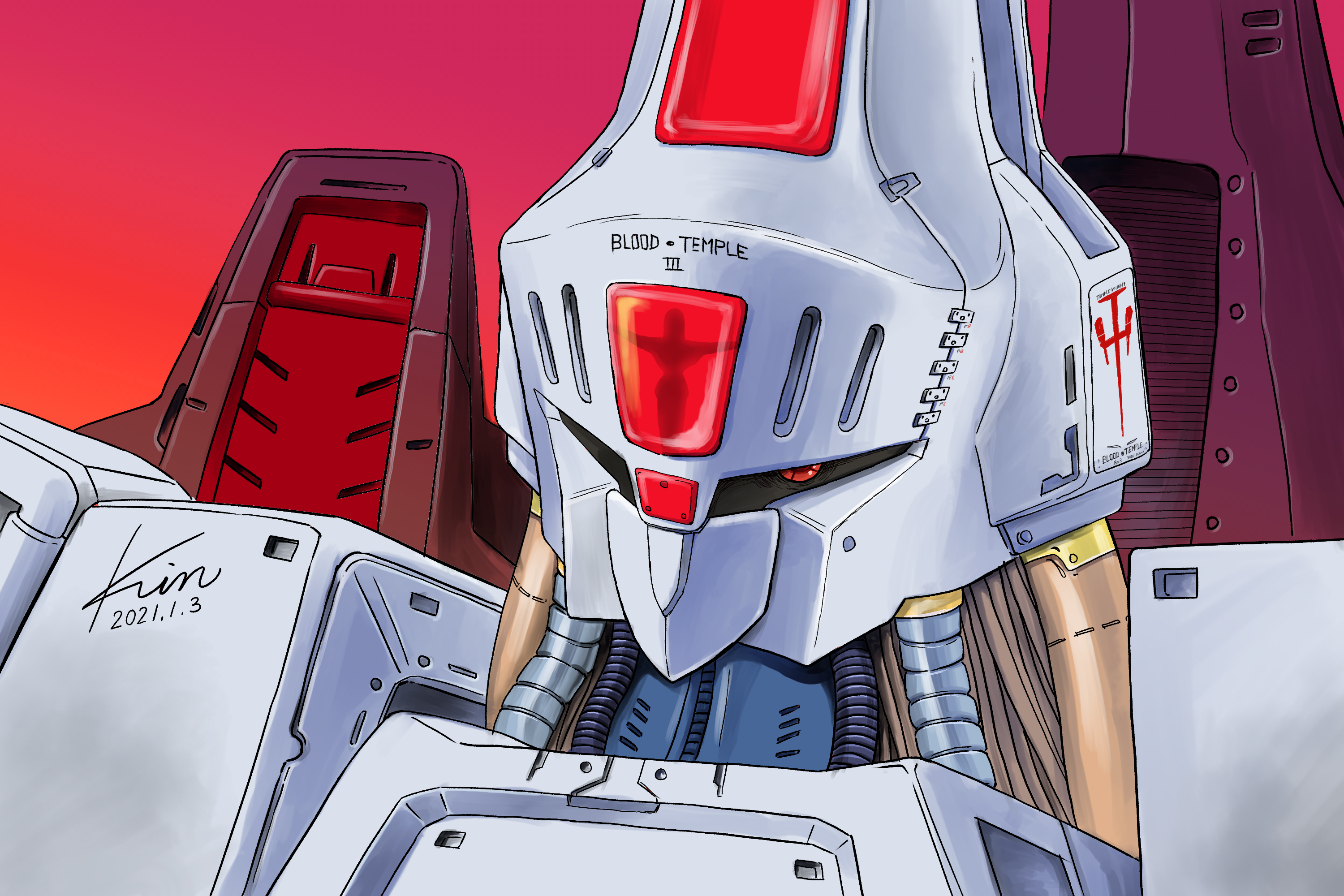 kobakin, l-gaim mk ii, juusenki l-gaim, commentary request, highres, dated, gradient background, looking at viewer, mecha, portrait, red eyes, robot, science fiction, signature, solo