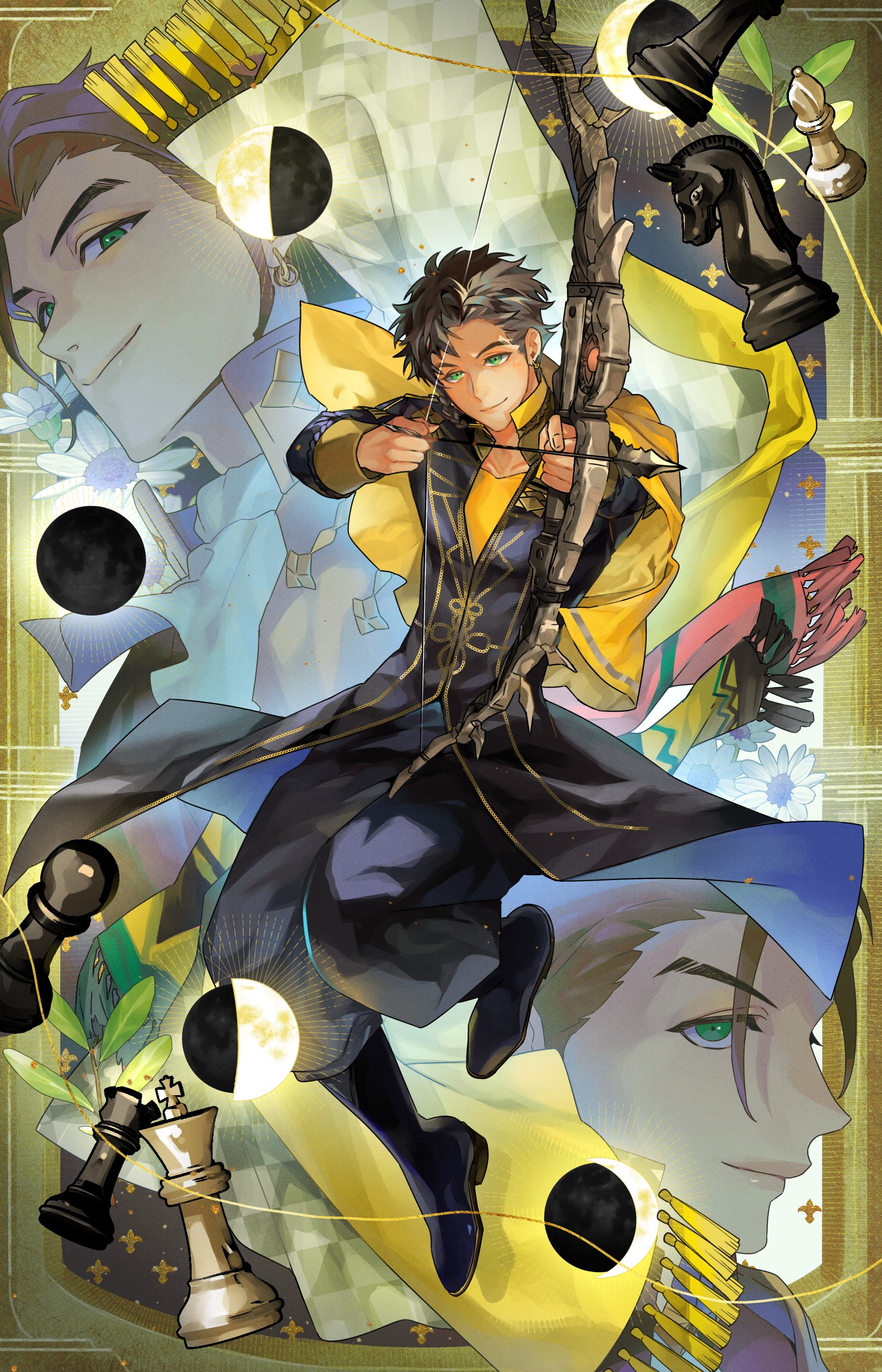 cdgm000, claude von riegan, claude von riegan (timeskip), fire emblem, fire emblem: three houses, fire emblem warriors: three hopes, nintendo, absurdres, commentary, highres, symbol-only commentary, 3boys, ascot, black hair, bow (weapon), cape, chess piece, closed mouth, dark-skinned male, dark skin, garreg mach monastery uniform, green eyes, holding, holding bow (weapon), holding weapon, looking at viewer, male focus, multiple boys, profile, short hair, smile, weapon, white ascot, yellow cape