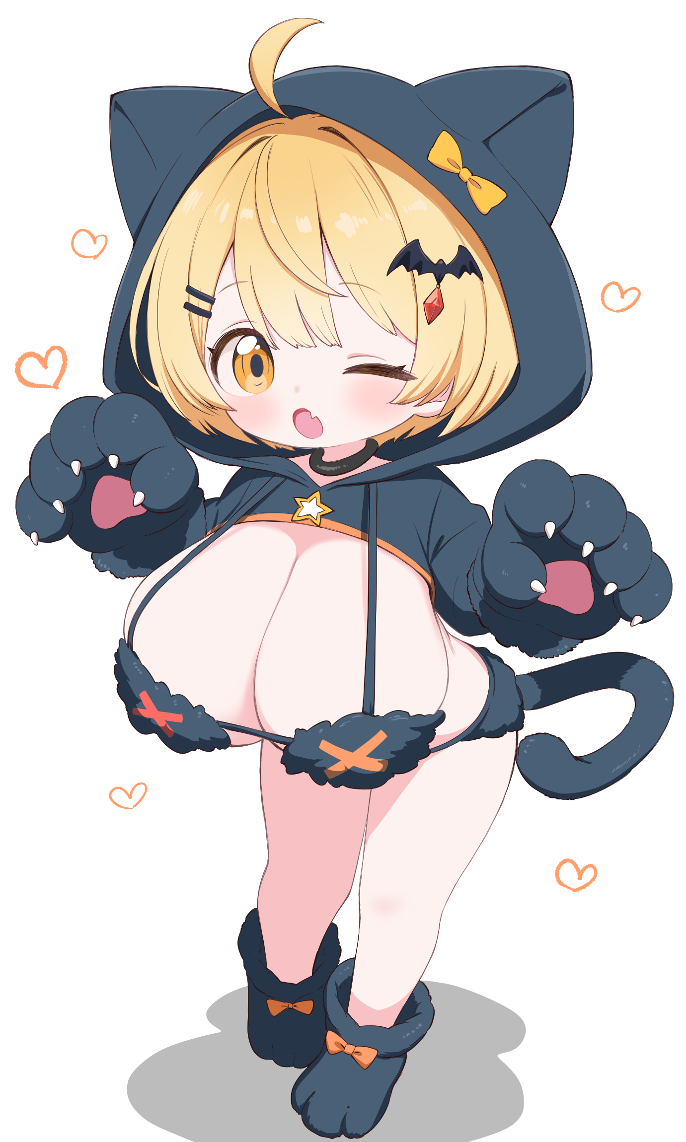 kani bonara, yozora mel, hololive, commentary request, highres, 1girl, :o, ahoge, alternate costume, animal hands, animal hood, bat hair ornament, blonde hair, blush, breasts, cat hood, cat tail, cleavage, fang, fur bikini, gloves, hair ornament, hairclip, heart, hood, hood up, large breasts, leaning forward, long sleeves, looking at viewer, one eye closed, paw gloves, paw shoes, simple background, skin fang, solo, standing, tail, virtual youtuber, white background, yellow eyes