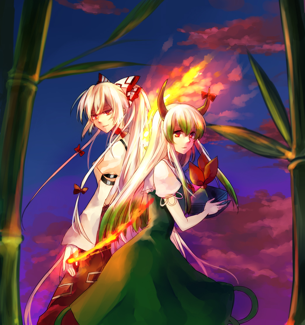 nr (cerumia), nr (cmnrr), nr (pixiv), ex-keine, fujiwara no mokou, kamishirasawa keine, touhou, bad id, bad pixiv id, 2girls, back-to-back, bamboo, bamboo forest, bow, female focus, fire, forest, hair bow, hat, horns, long hair, multicolored hair, multiple girls, multiple hair bows, nature, red eyes, white hair