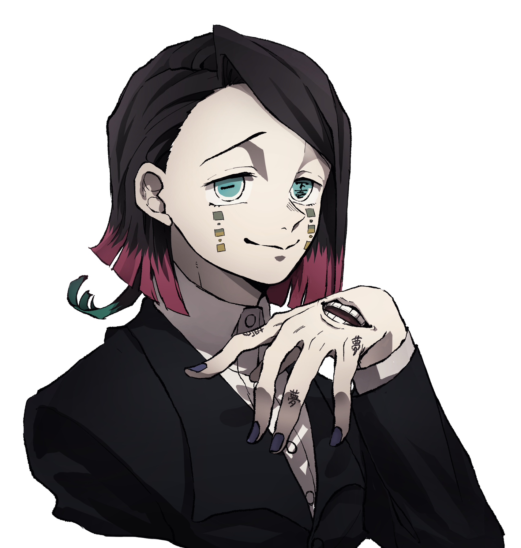 enmu (kimetsu no yaiba), kimetsu no yaiba, commentary request, highres, 1boy, :>, asymmetrical bangs, black jacket, blue eyes, buttons, closed mouth, colored tips, cropped torso, demon boy, facial mark, finger tattoo, hand up, jacket, kanji tattoo, limp wrist, long sleeves, looking at viewer, male focus, medium hair, misplaced mouth, multicolored hair, open mouth, purple nails, raised eyebrows, simple background, smile, solo, suit jacket, symbol-shaped pupils, tattoo, tears facial mark, teeth, transparent background, trap, undershirt, upper body, wolf (user saxe5825)