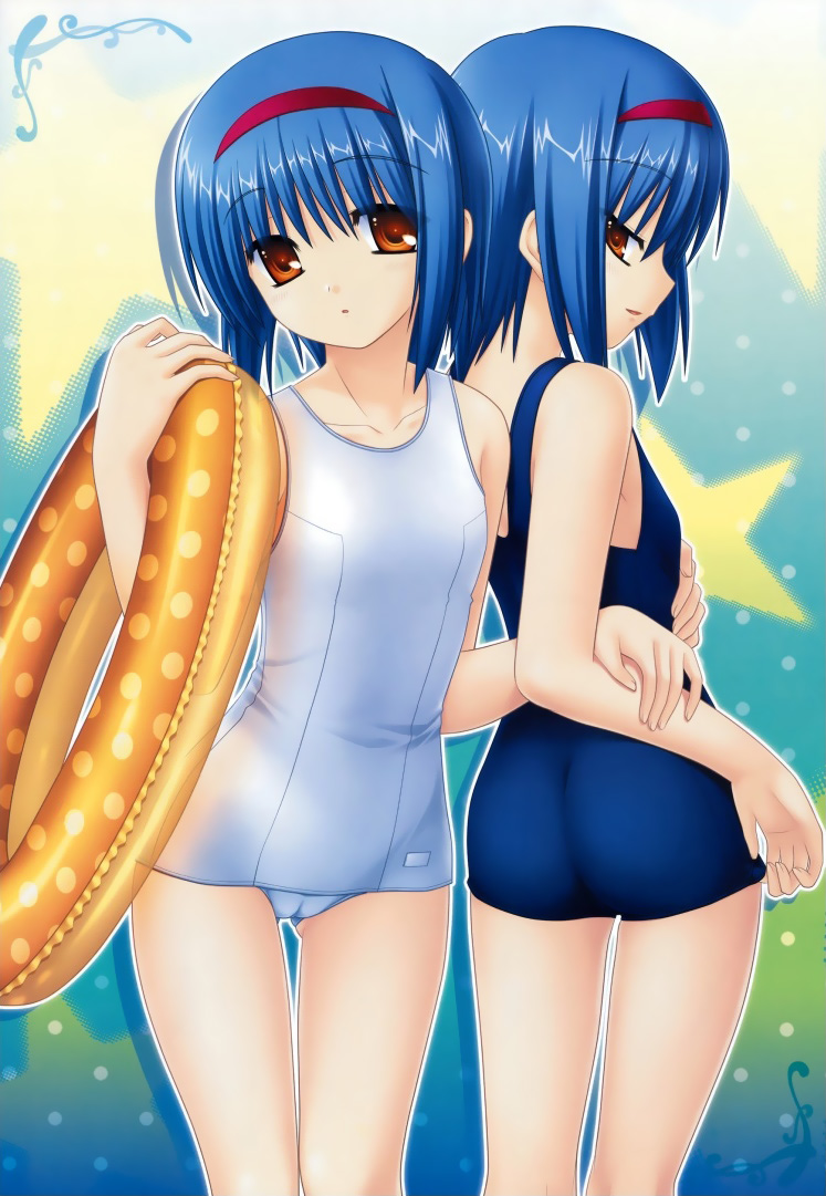 na-ga, nishizono midori, nishizono mio, little busters!, 2girls, blue hair, cameltoe, dual persona, hairband, innertube, multiple girls, one-piece swimsuit, orange eyes, school swimsuit, short hair, siblings, sisters, swim ring, swimsuit, twins, white one-piece swimsuit, white school swimsuit
