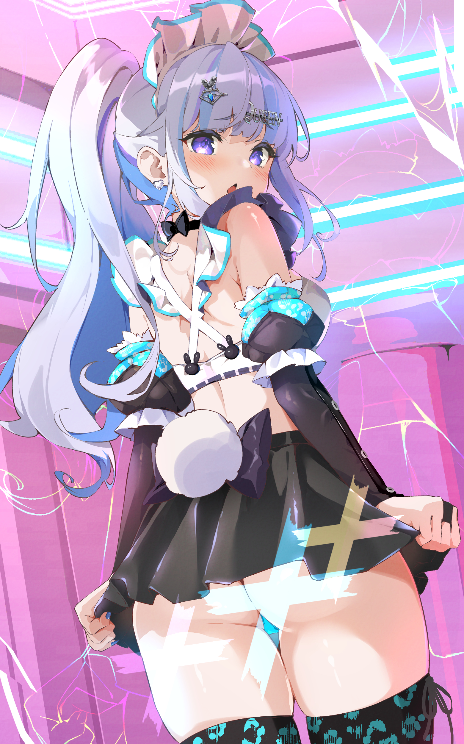 pilokey, mesugaki dia, connectopia, absurdres, commentary request, highres, 1girl, alternate costume, alternate hairstyle, ass, bare back, bikini, bikini top only, black bridal gauntlets, black skirt, black thighhighs, blue hair, blue nails, blue panties, blunt bangs, blush, breasts, bridal gauntlets, choker, colored inner hair, covering ass, covering privates, cowboy shot, criss-cross back-straps, crop top, detached sleeves, diamond earrings, dutch angle, earrings, elbow gloves, embarrassed, enmaided, fake tail, frilled straps, from behind, from below, gloves, gradient hair, grey hair, hair ornament, hair pulled back, hairclip, heart, heart earrings, high ponytail, indoors, jewelry, juliet sleeves, lolita fashion, long hair, long sidelocks, long sleeves, looking at viewer, looking back, maid, maid bikini, maid headdress, median furrow, medium breasts, microskirt, multicolored hair, multiple hair clips, nail polish, open mouth, panties, pantyshot, pleated skirt, ponytail, print thighhighs, puffy short sleeves, puffy sleeves, purple eyes, purple hair, rabbit tail, ribbon choker, short sleeves, shoulder blades, sidelocks, skindentation, skirt, skirt tug, solo, swimsuit, tail, text hair ornament, thick thighs, thighhighs, thighs, triangle mouth, unconventional maid, underbutt, undersized clothes, underwear, virtual youtuber, zoom layer