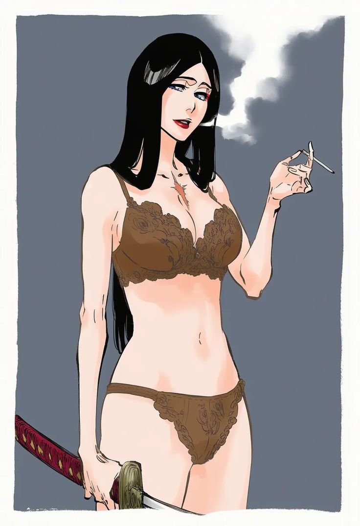 flopartist r, unohana retsu, bleach, bleach: sennen kessen-hen, 1girl, bare shoulders, black hair, border, bra, breasts, cigarette, collarbone, female focus, hair down, holding, holding sword, holding weapon, kubo tite (style), lipstick, long hair, makeup, mature female, medium breasts, navel, panties, scar, scar on chest, simple background, smoking, solo, solo focus, standing, stomach, sword, underwear, weapon, white border, zanpakutou