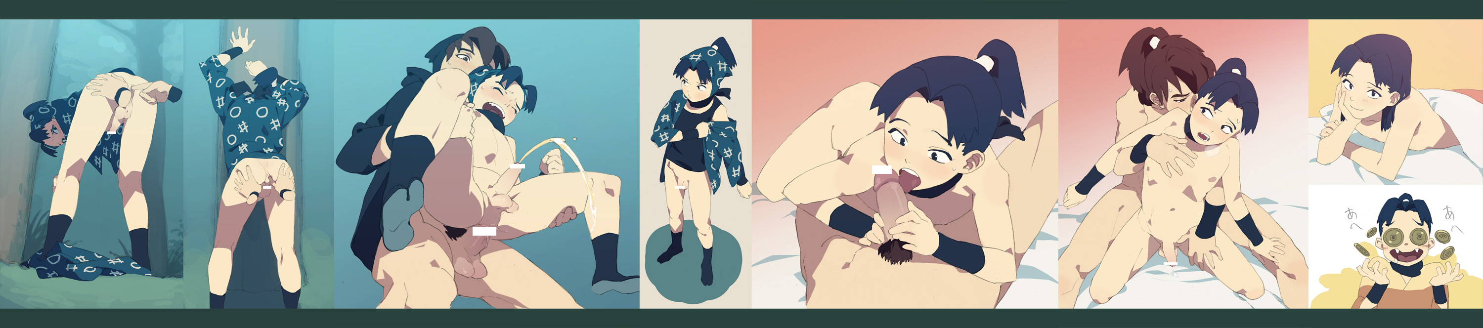 honya lala, doi hansuke, settsuno kirimaru, rakudai ninja rantarou, highres, long image, wide image, 2boys, anal, anus, ass, bottomless, censored, coin, hair down, male focus, male penetrated, multiple boys, oral, peeing, pointless censoring, sex, shota, yaoi