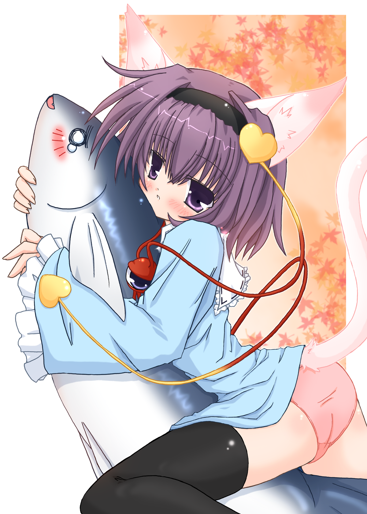 asagiri hayate, komeiji satori, touhou, highres, 1girl, animal ears, blush, cat ears, cat girl, cat tail, female focus, fish, hairband, heart, hug, hug from behind, kemonomimi mode, panties, pink panties, plant, purple eyes, purple hair, solo, straddling, tail, tears, thighhighs, underwear