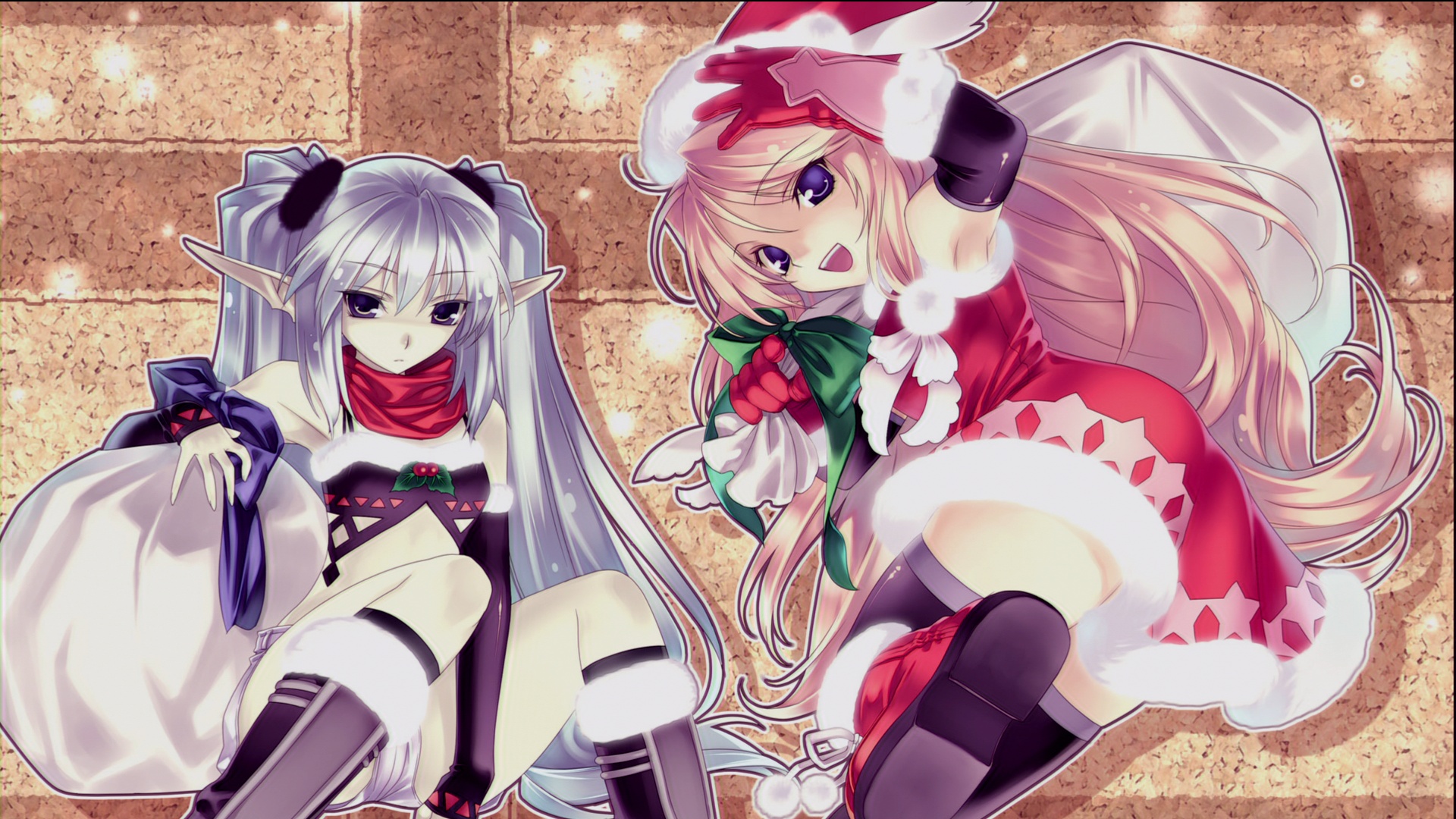 hirano katsuyuki, ellis (agarest senki), fyuria, fyuria (agarest senki), agarest senki, agarest senki (series), silver hair, highres, 2girls, christmas, multiple girls, pink hair, pointy ears, thighhighs, twintails
