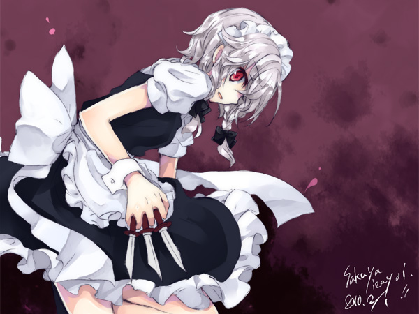 yatosaki haru, izayoi sakuya, embodiment of scarlet devil, touhou, silver hair, bad id, bad pixiv id, 1girl, braid, female focus, gradient background, hairband, knife, maid, red eyes, short hair, solo, throwing knife, twin braids, weapon
